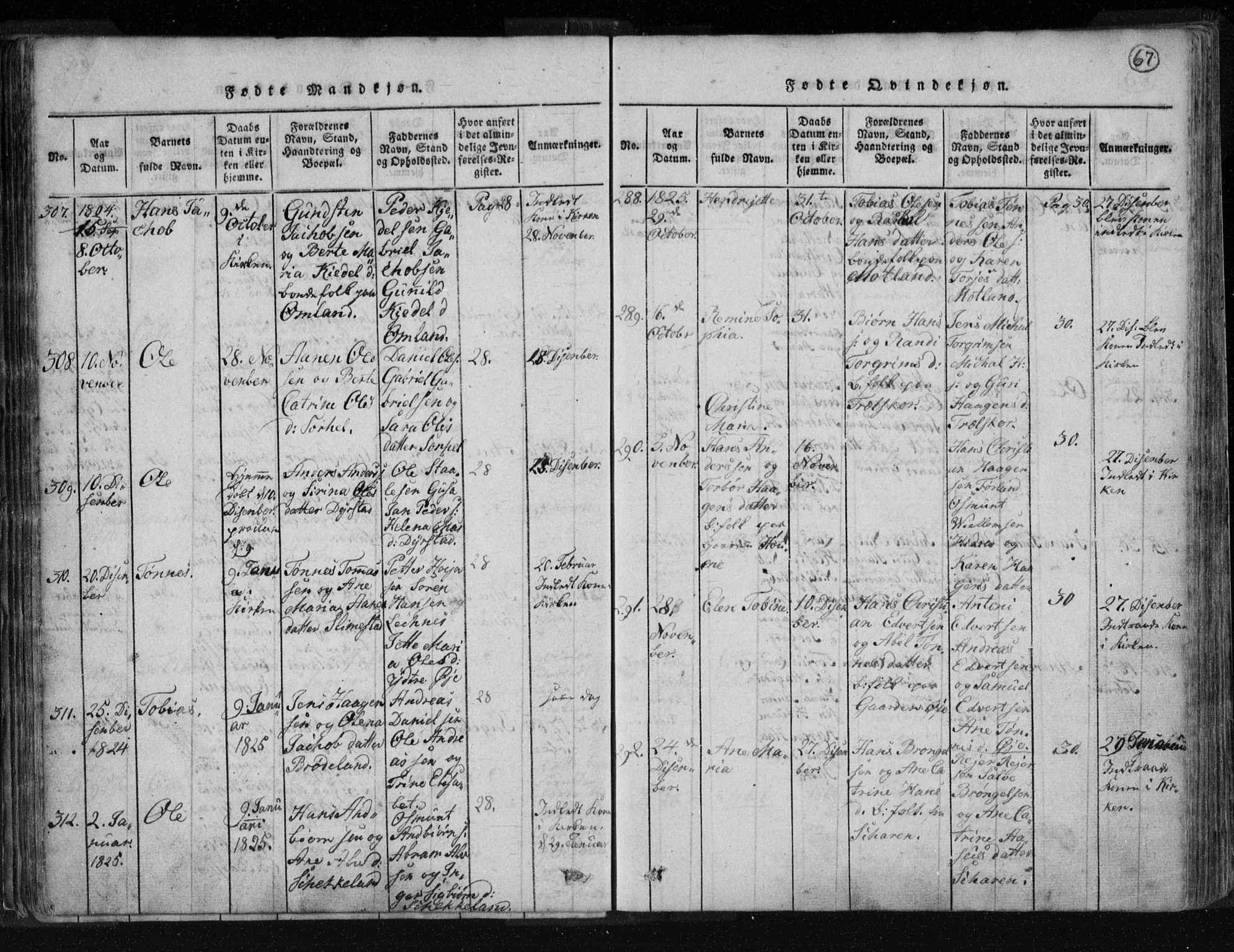 Kvinesdal sokneprestkontor, AV/SAK-1111-0026/F/Fa/Fab/L0003: Parish register (official) no. A 3, 1815-1829, p. 67