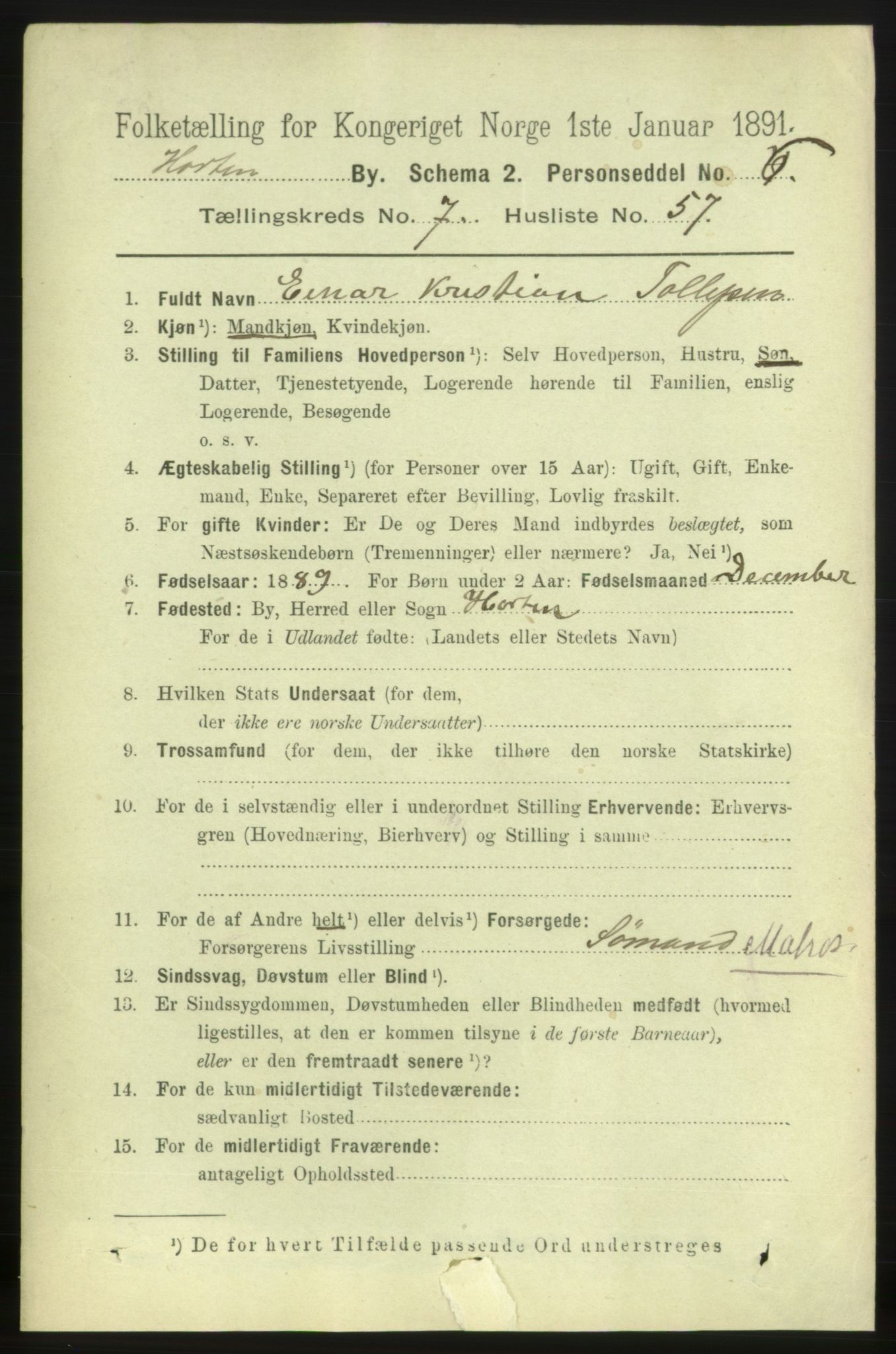 RA, 1891 census for 0703 Horten, 1891, p. 4923