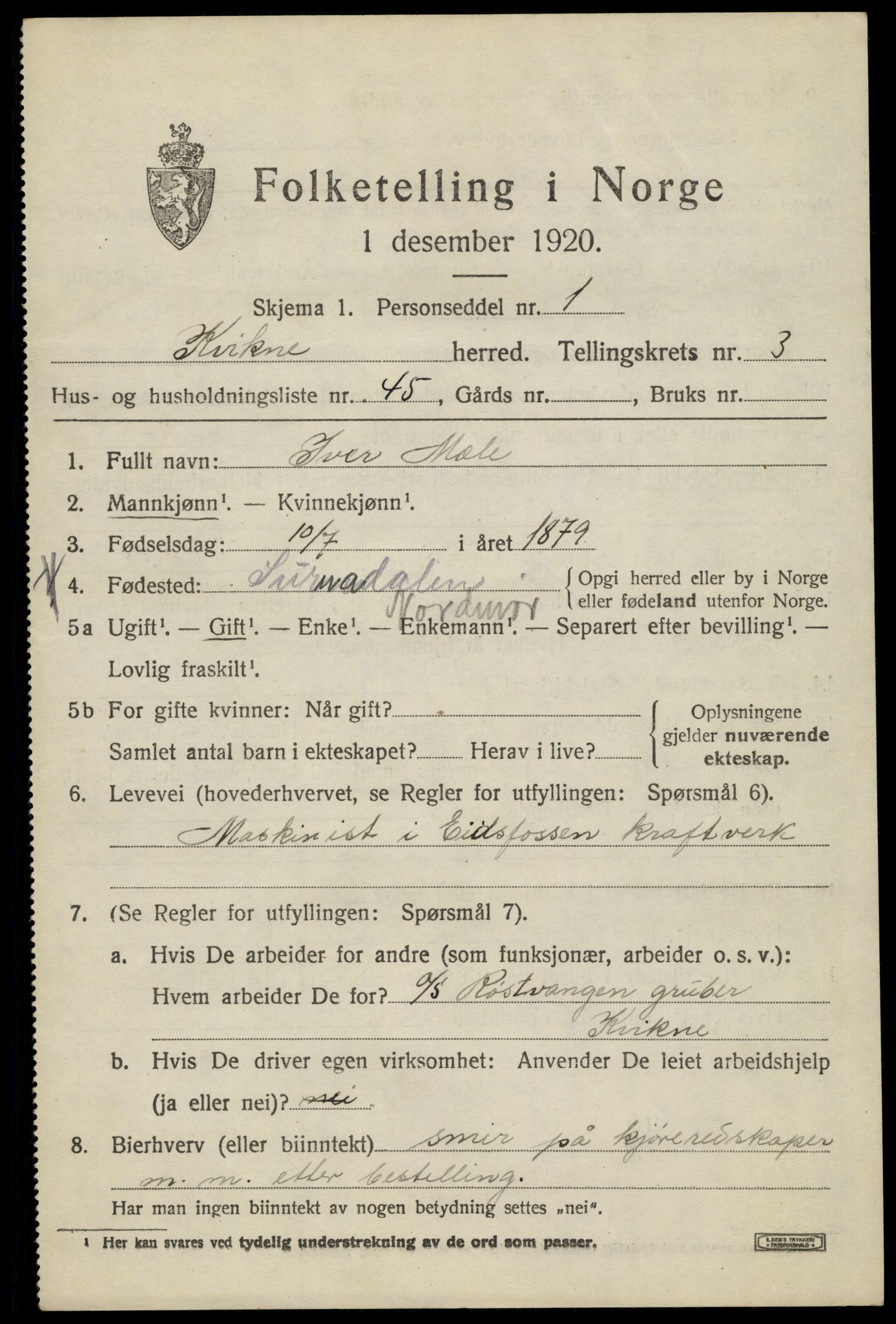 SAH, 1920 census for Kvikne, 1920, p. 1618
