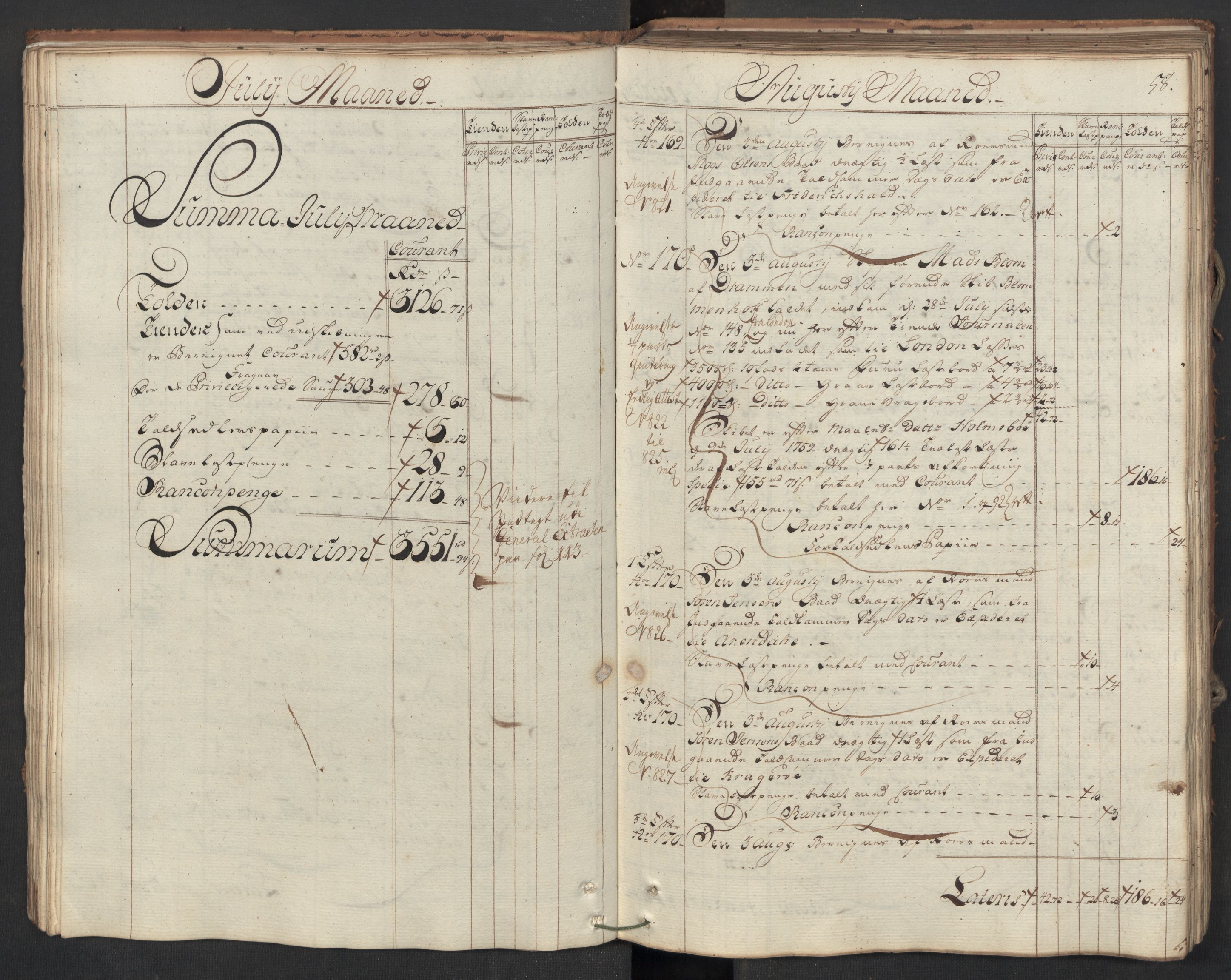 Generaltollkammeret, tollregnskaper, AV/RA-EA-5490/R08/L0054/0001: Tollregnskaper Drammen / Utgående hovedtollbok, 1762, p. 57b-58a