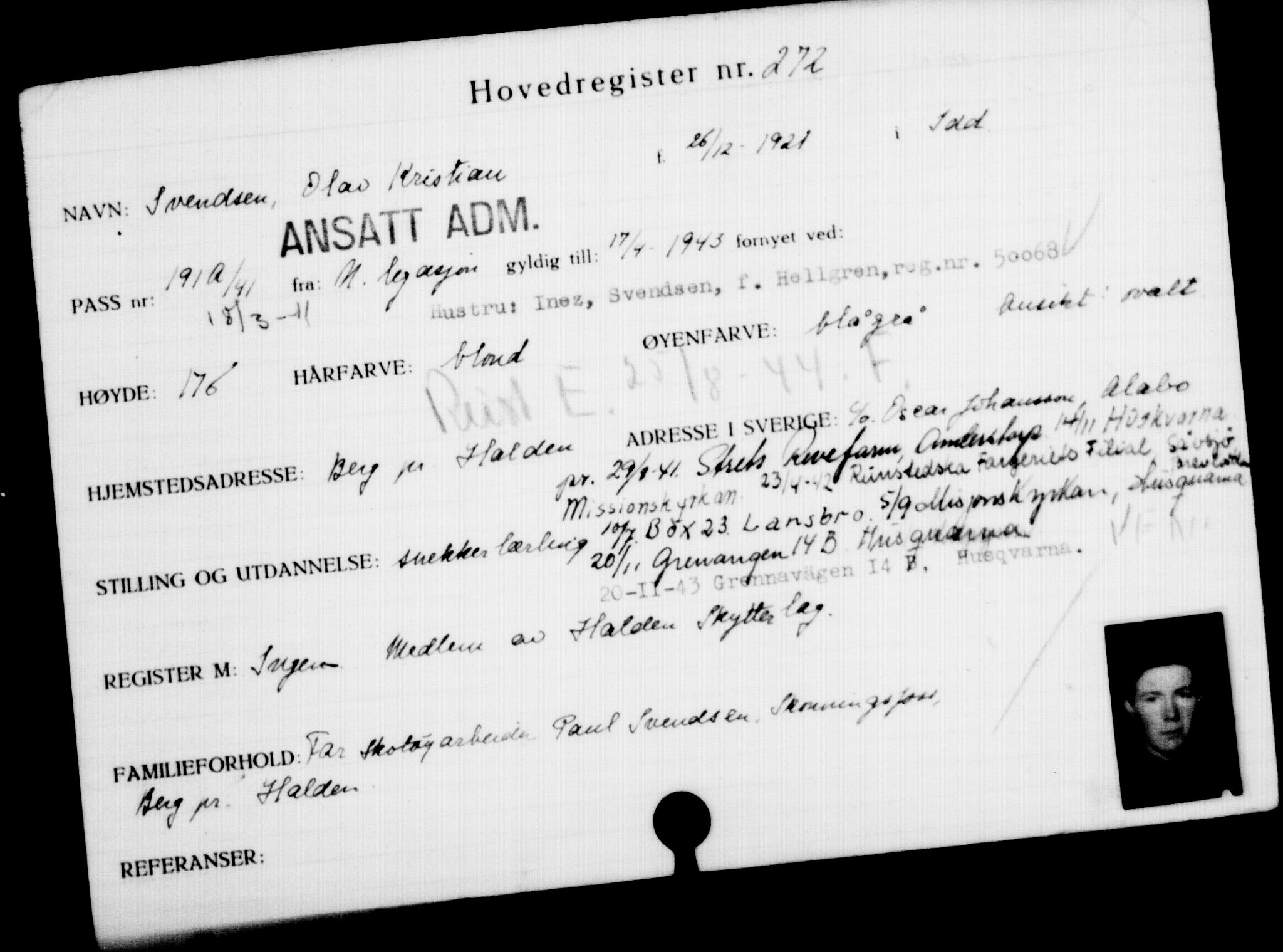 Utenriksstasjonene, Legasjonen i Stockholm, Flyktningkontoret, AV/RA-S-6753/V/Va/L0001: Kjesäterkartoteket, flyktninger med registreringsnr. 1-1000, 1940-1945, p. 432