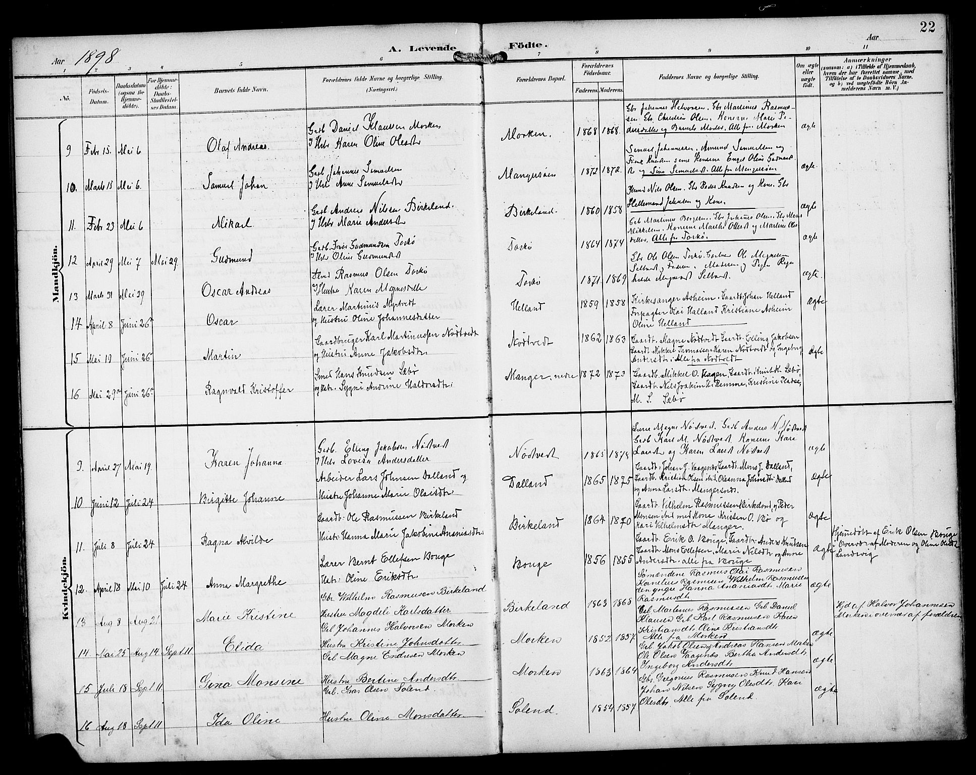 Manger sokneprestembete, SAB/A-76801/H/Haa: Parish register (official) no. B 2, 1893-1906, p. 22