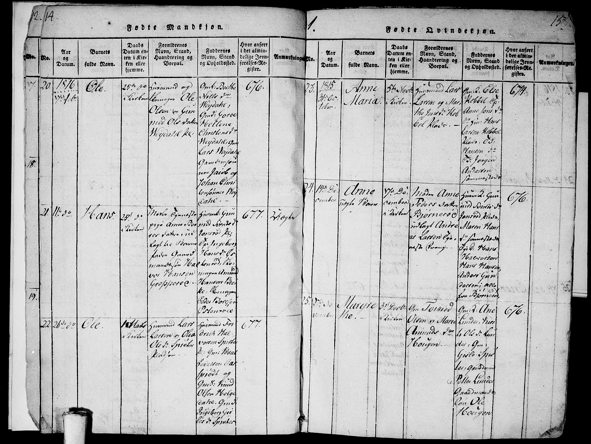Våler prestekontor Kirkebøker, SAO/A-11083/G/Ga/L0001: Parish register (copy) no. I 1, 1815-1839, p. 14-15