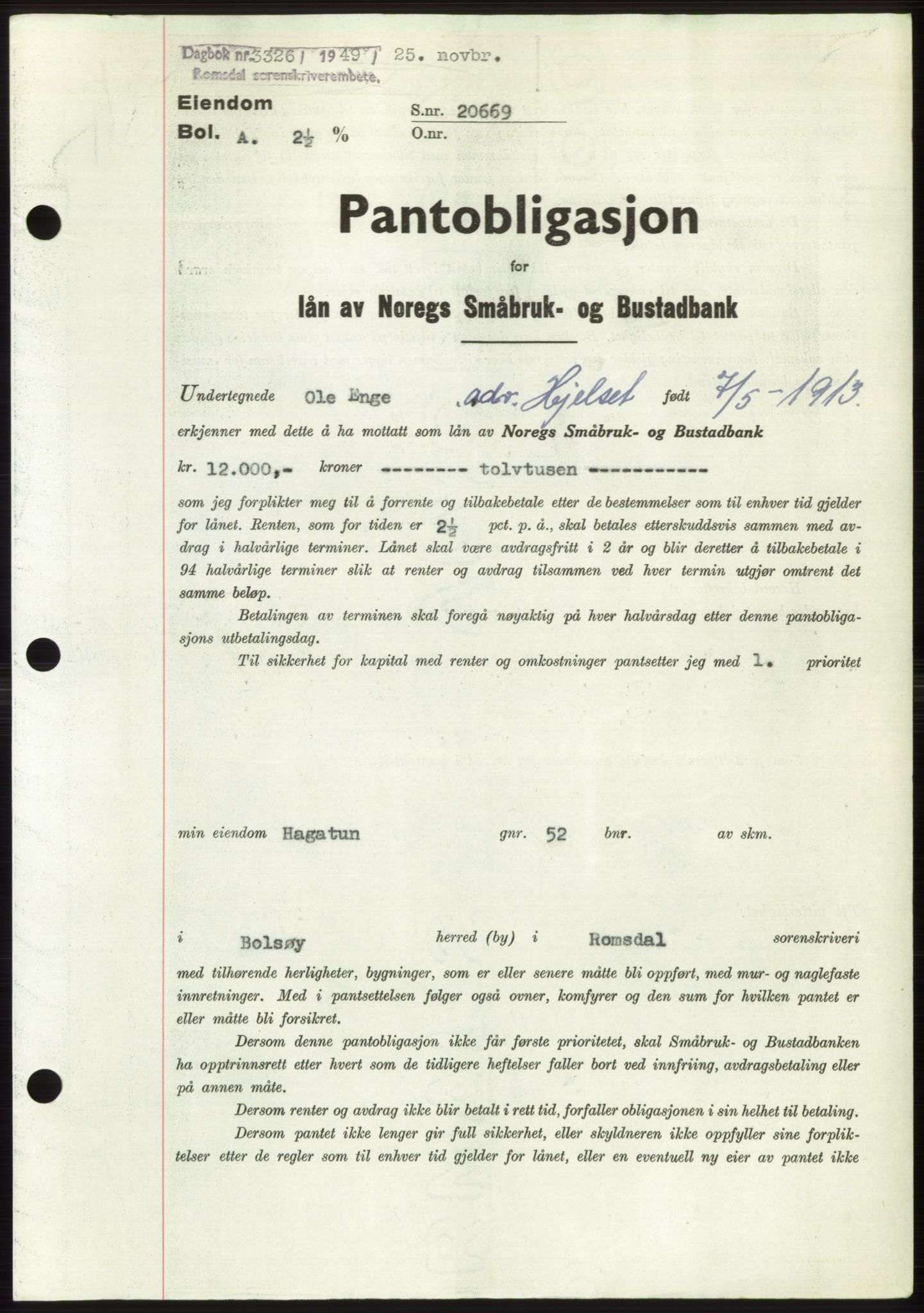 Romsdal sorenskriveri, AV/SAT-A-4149/1/2/2C: Mortgage book no. B5, 1949-1950, Diary no: : 3326/1949