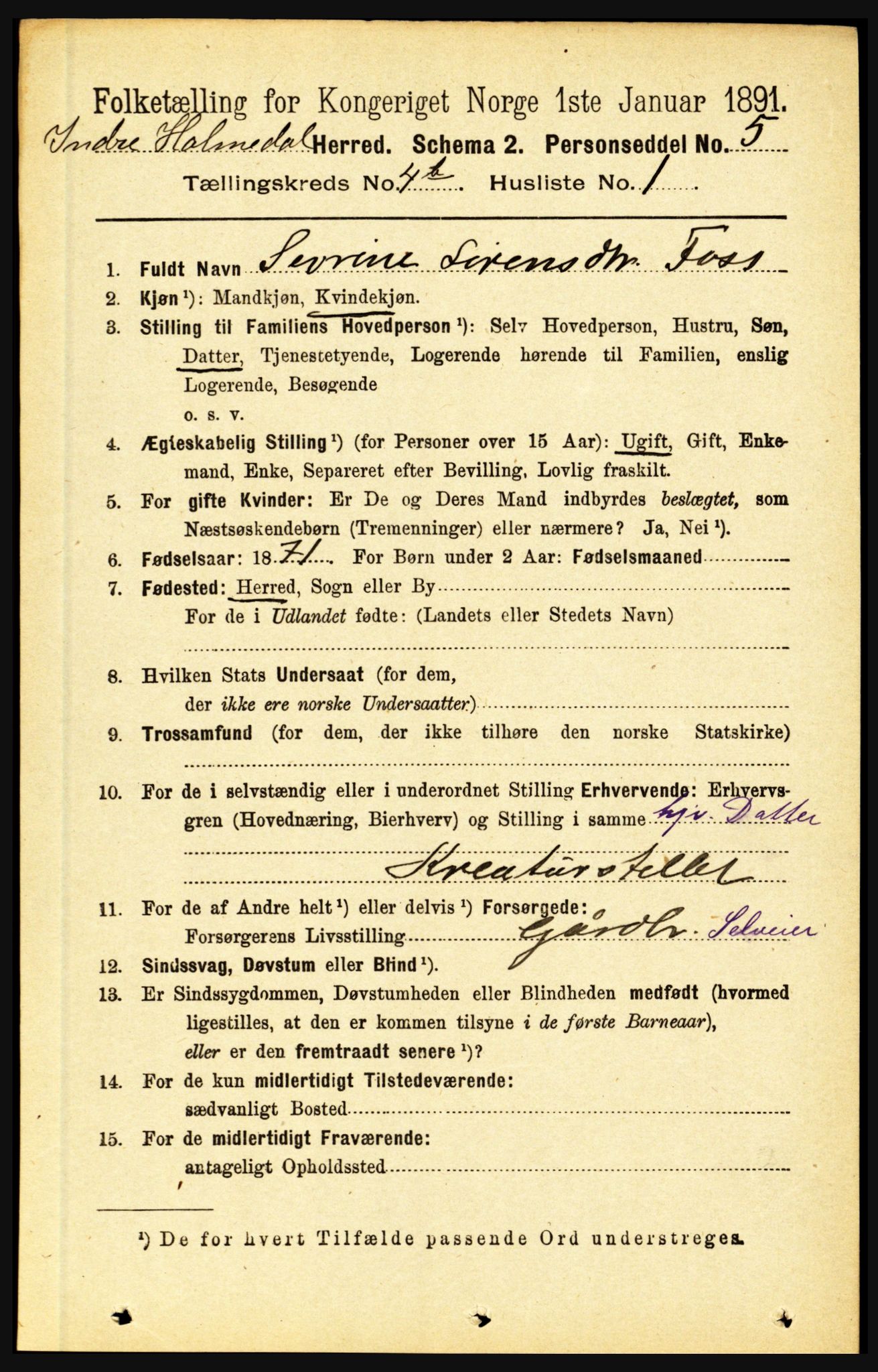 RA, 1891 census for 1430 Indre Holmedal, 1891, p. 1456