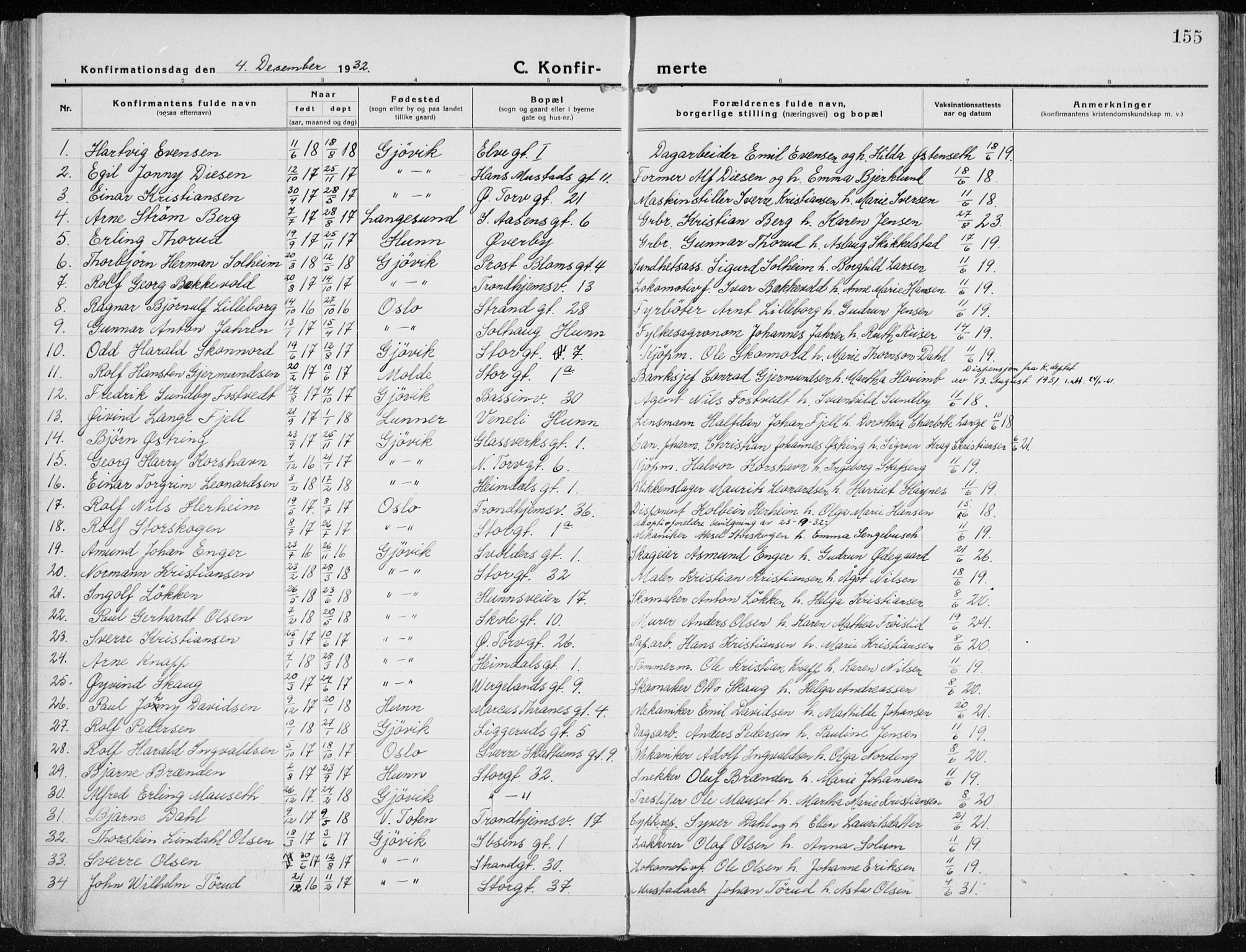 Vardal prestekontor, AV/SAH-PREST-100/H/Ha/Haa/L0015: Parish register (official) no. 15, 1923-1937, p. 155