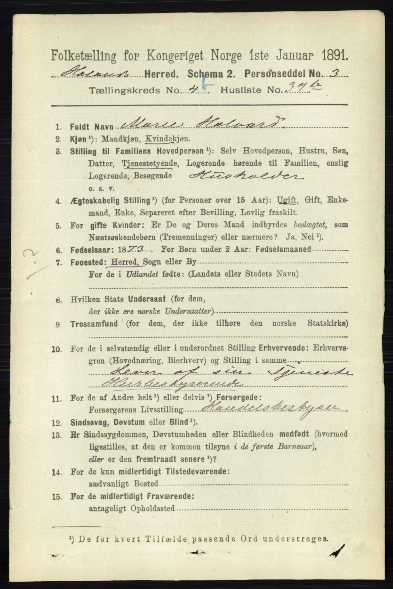 RA, 1891 census for 0221 Høland, 1891, p. 3374