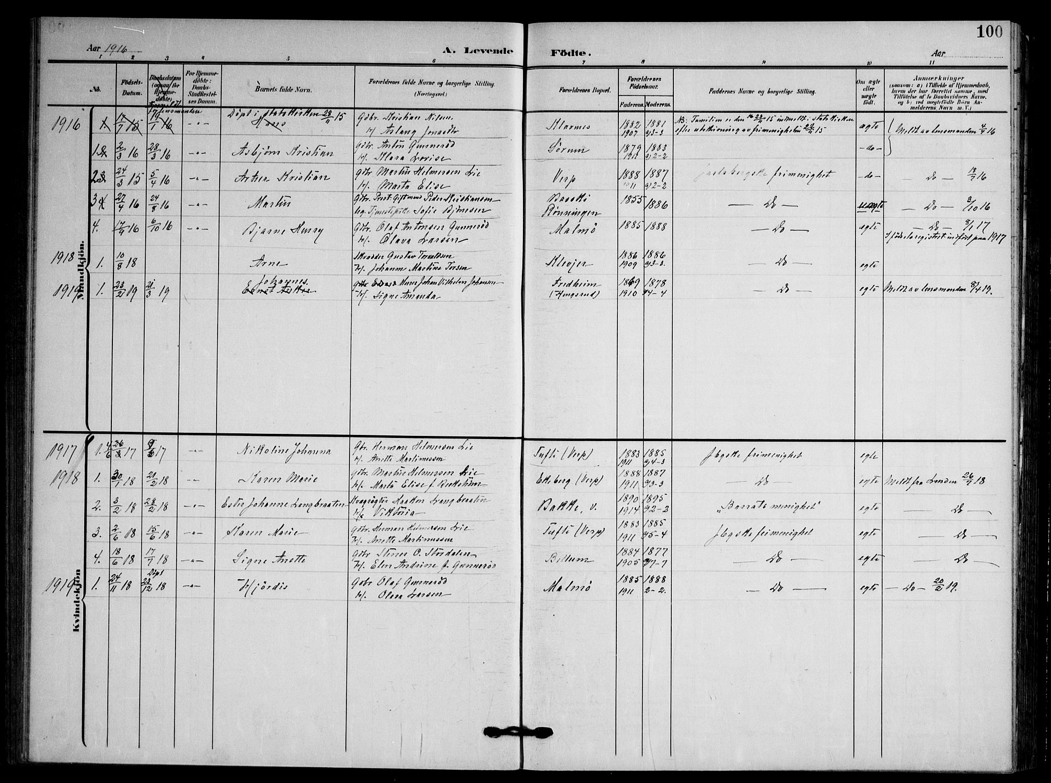 Våle kirkebøker, SAKO/A-334/F/Fa/L0012: Parish register (official) no. I 12, 1907-1934, p. 100