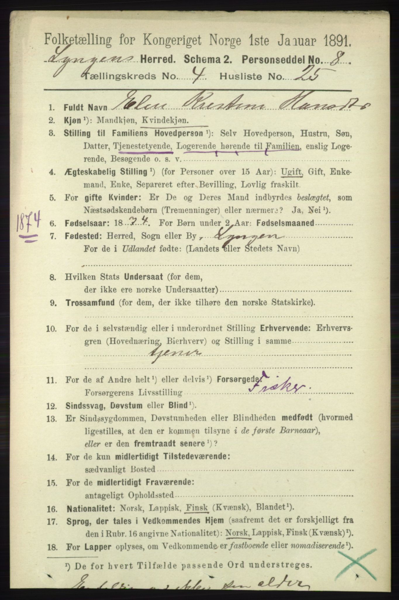 RA, 1891 census for 1938 Lyngen, 1891, p. 3872