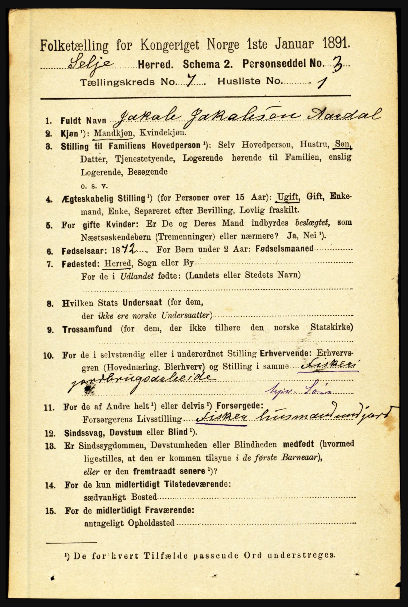 RA, 1891 census for 1441 Selje, 1891, p. 2006