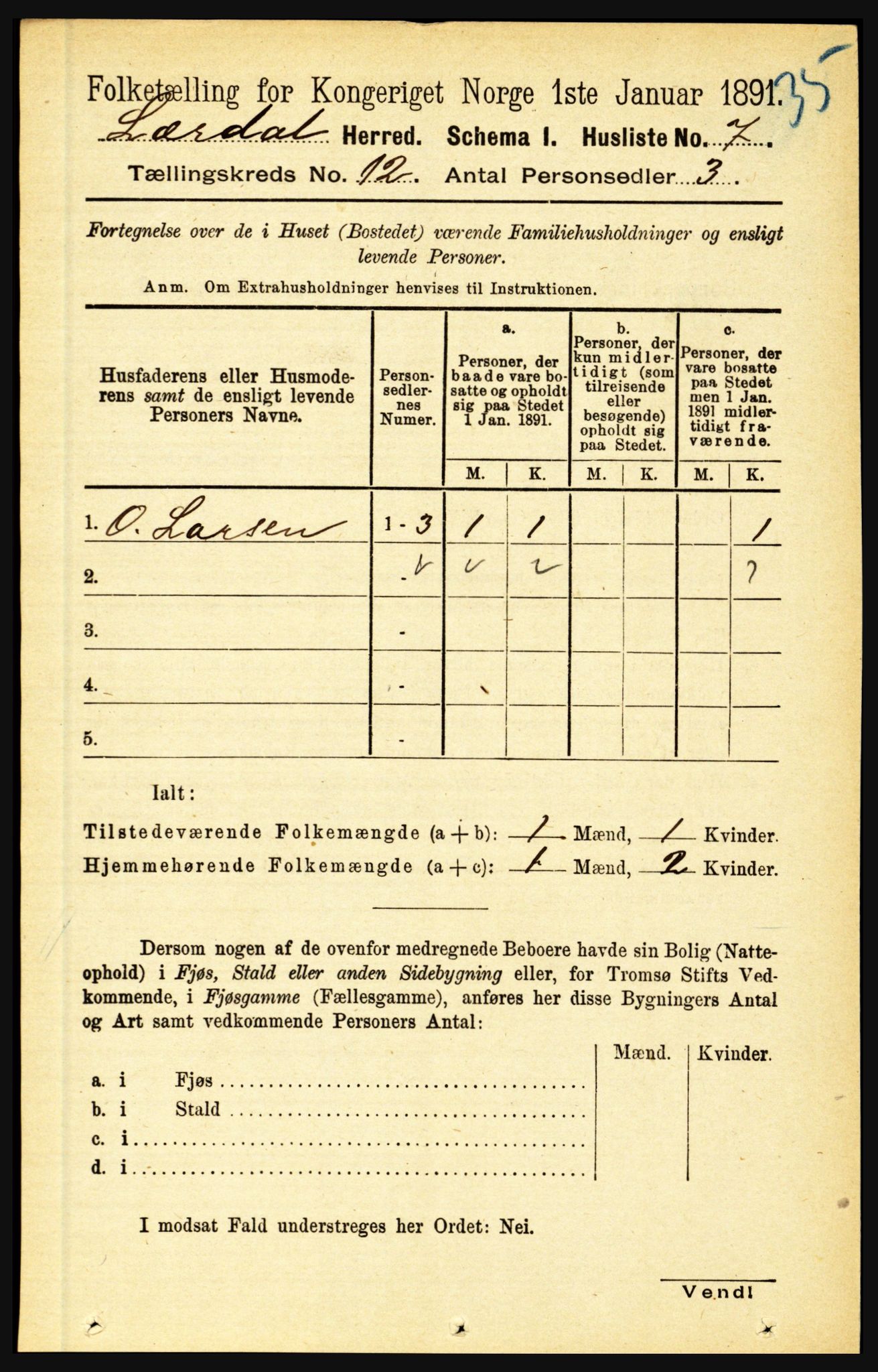 RA, 1891 census for 1422 Lærdal, 1891, p. 2525