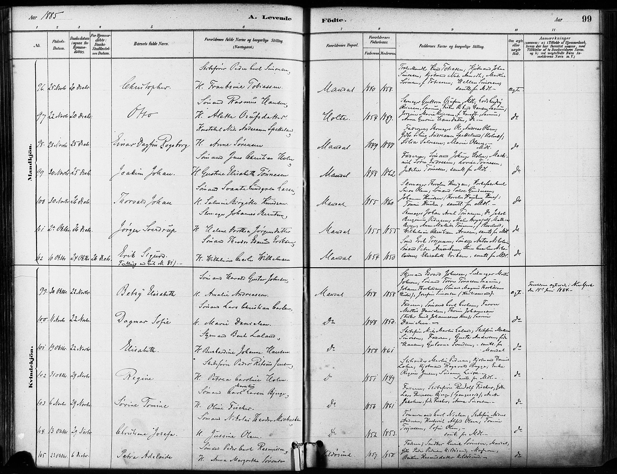 Mandal sokneprestkontor, AV/SAK-1111-0030/F/Fa/Faa/L0016: Parish register (official) no. A 16, 1880-1890, p. 99