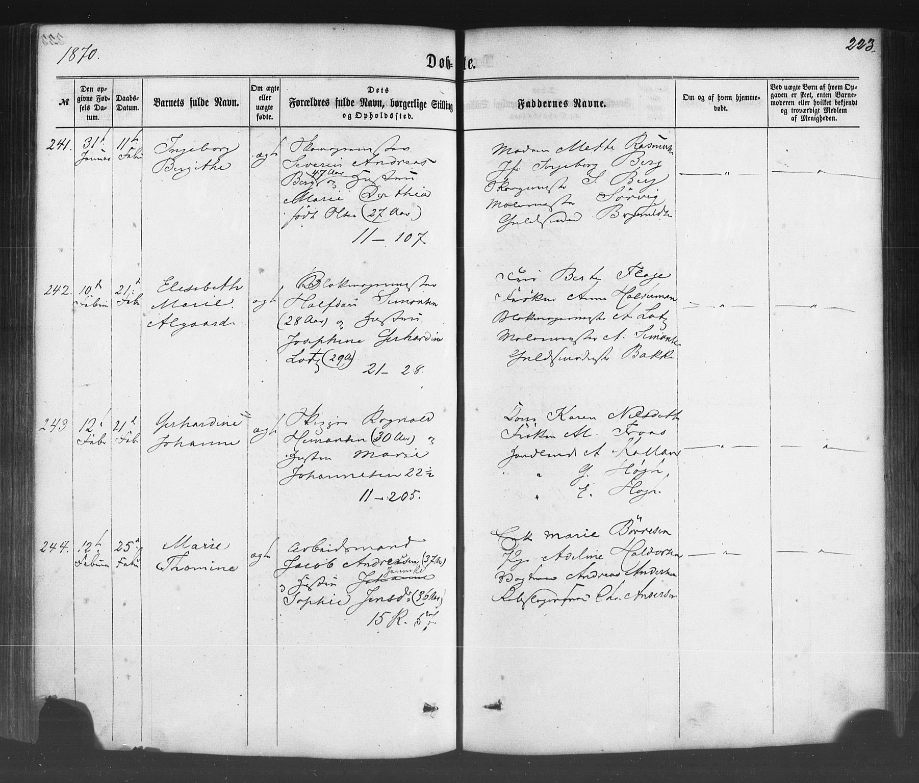 Fødselsstiftelsens sokneprestembete*, SAB/-: Parish register (official) no. A 1, 1863-1883, p. 223