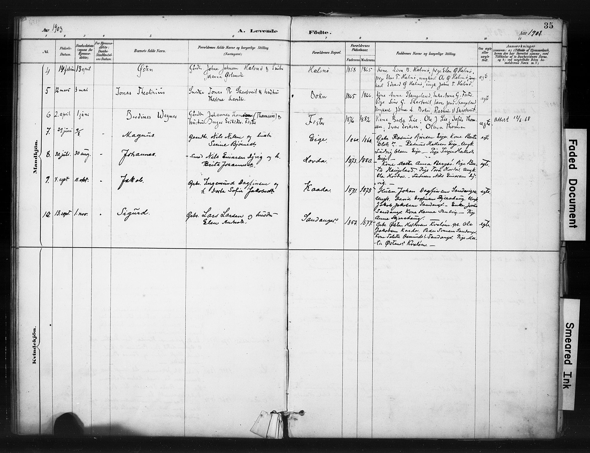 Hjelmeland sokneprestkontor, SAST/A-101843/01/IV/L0015: Parish register (official) no. A 15, 1887-1910, p. 35