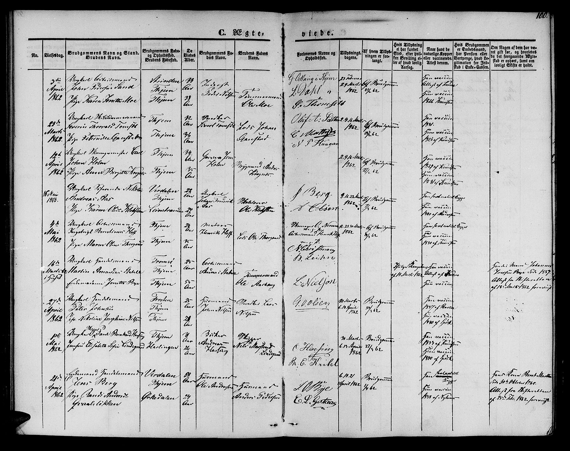 Ministerialprotokoller, klokkerbøker og fødselsregistre - Sør-Trøndelag, AV/SAT-A-1456/602/L0111: Parish register (official) no. 602A09, 1844-1867, p. 100