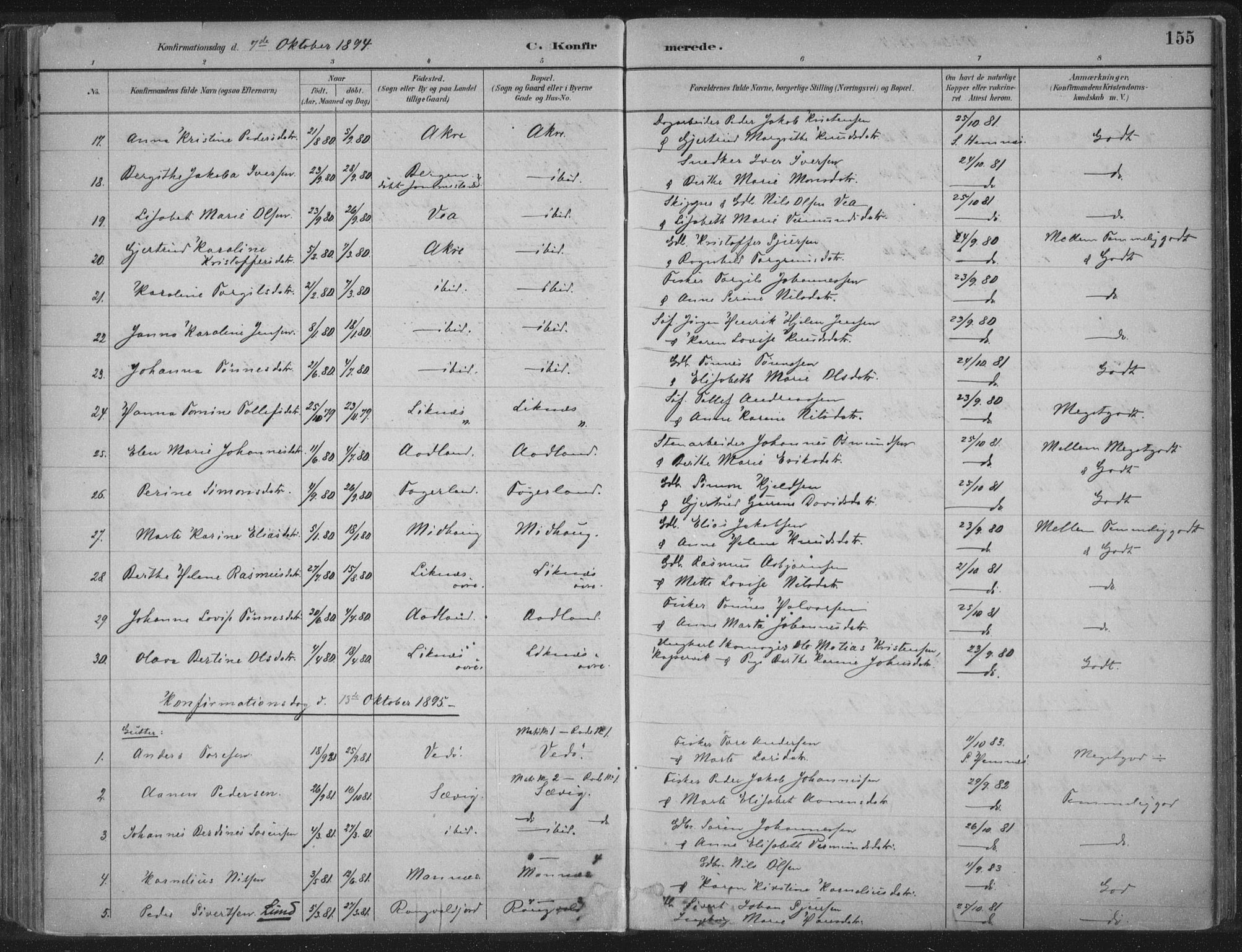 Kopervik sokneprestkontor, SAST/A-101850/H/Ha/Haa/L0004: Parish register (official) no. A 4, 1882-1905, p. 155