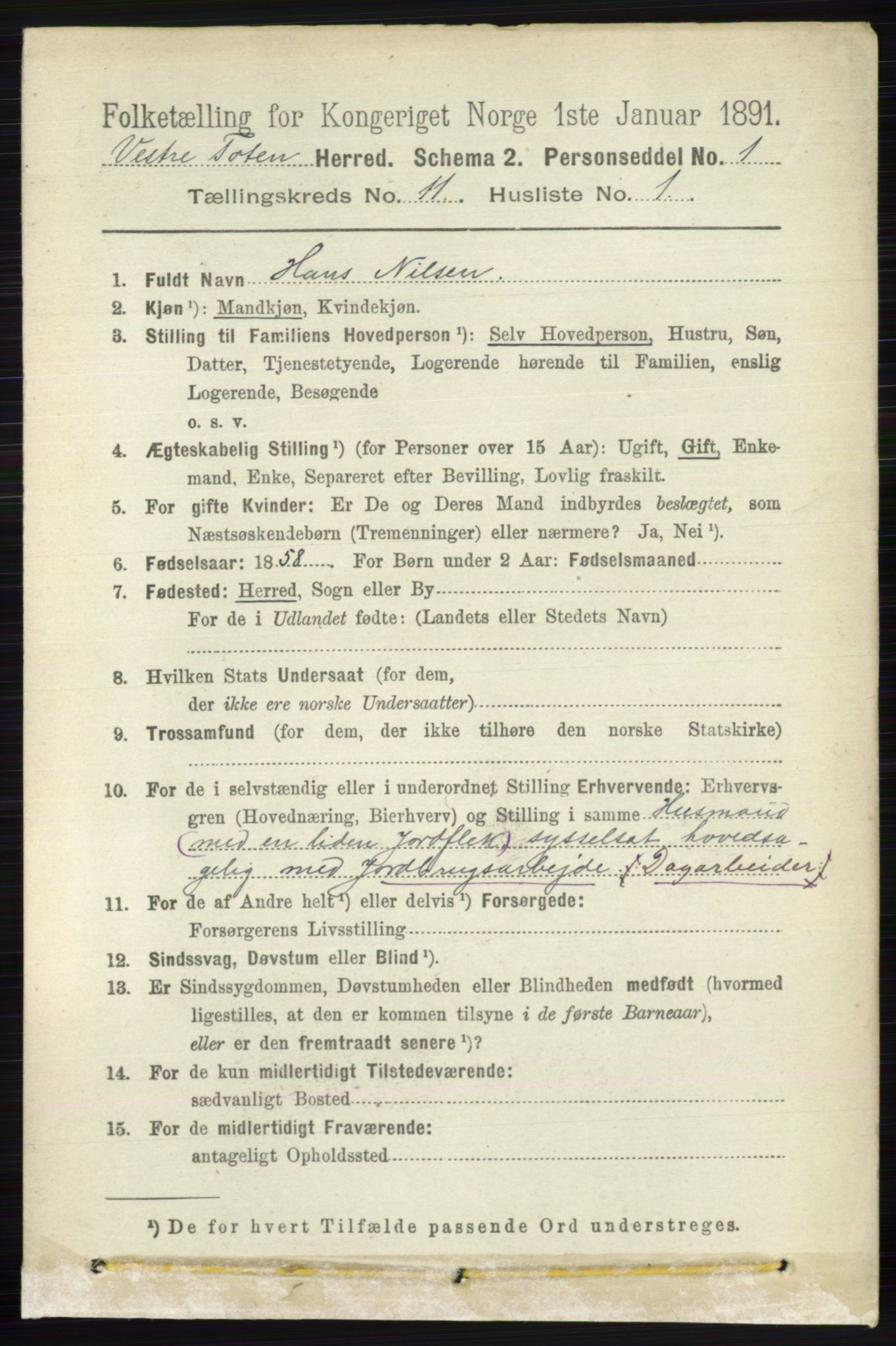 RA, 1891 census for 0529 Vestre Toten, 1891, p. 6706