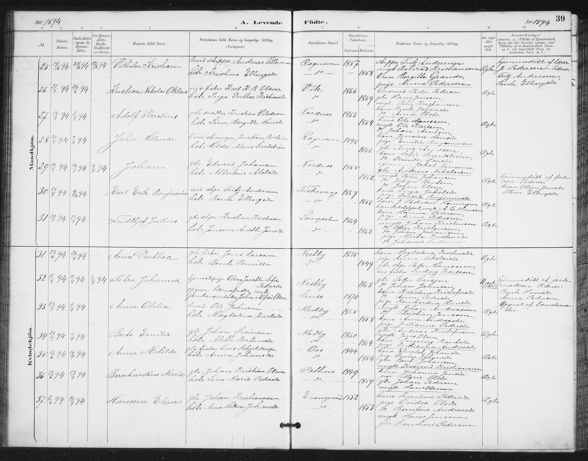 Ministerialprotokoller, klokkerbøker og fødselsregistre - Nordland, AV/SAT-A-1459/847/L0682: Parish register (copy) no. 847C10, 1889-1907, p. 39