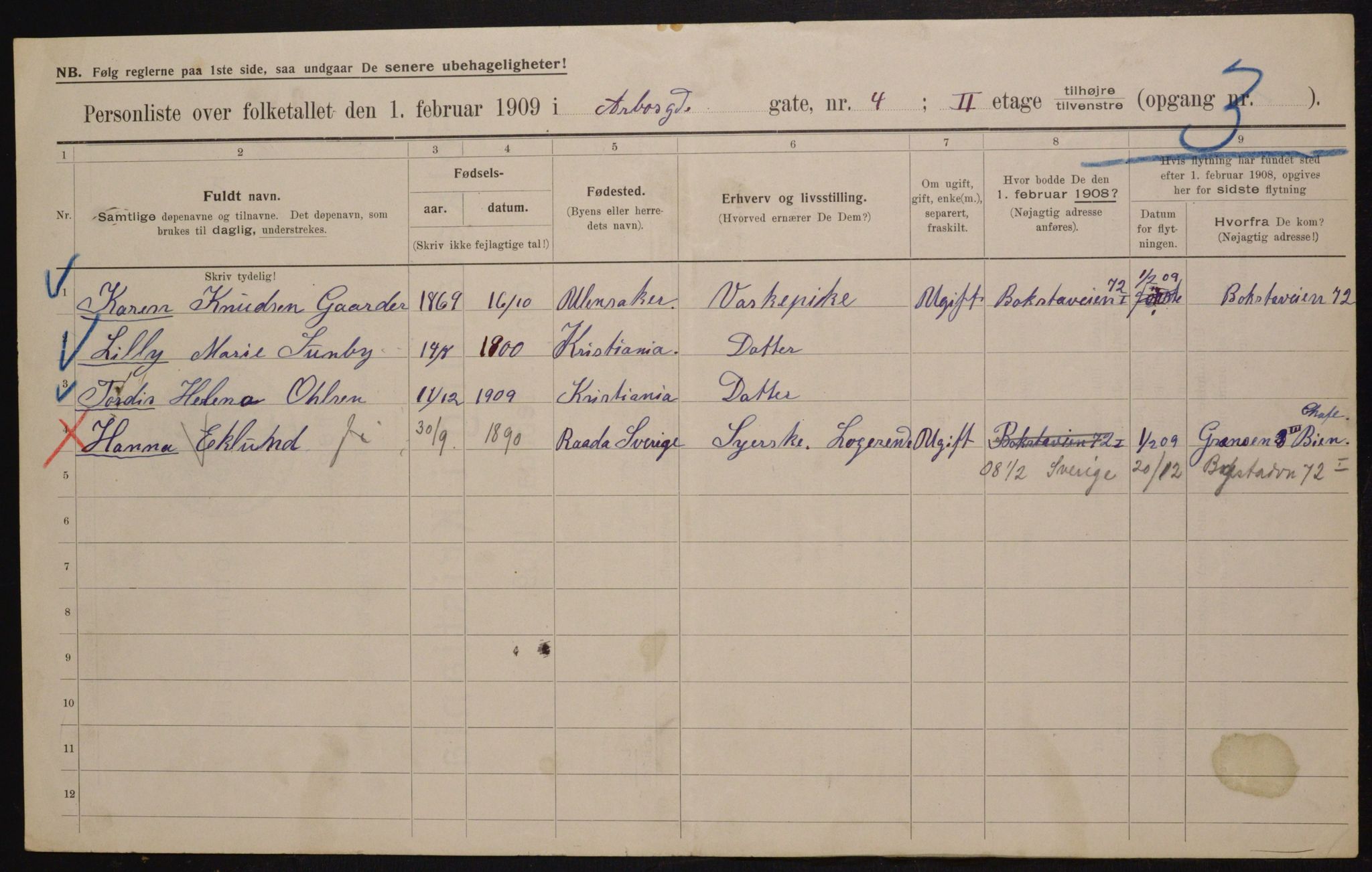 OBA, Municipal Census 1909 for Kristiania, 1909, p. 1861