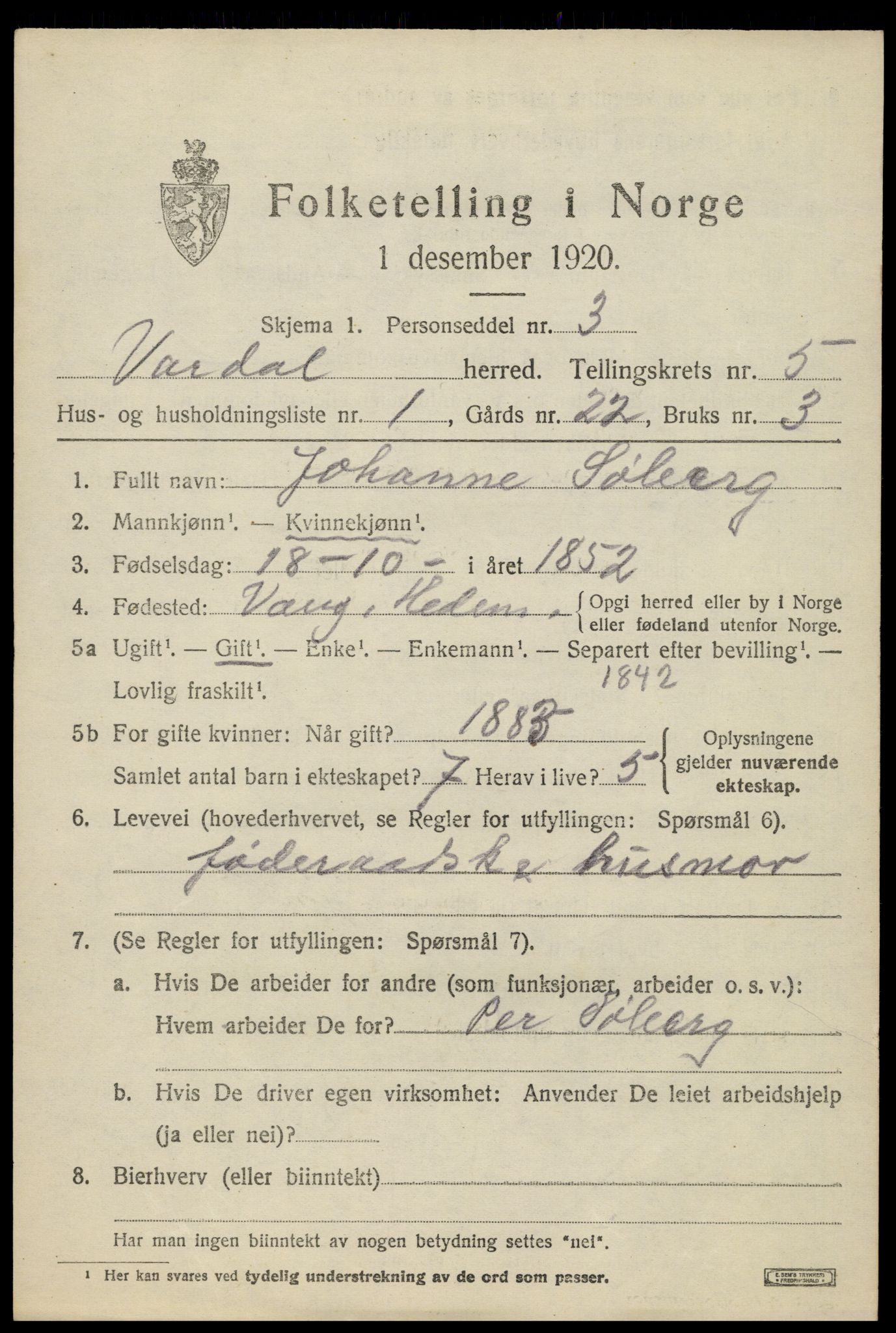 SAH, 1920 census for Vardal, 1920, p. 3069