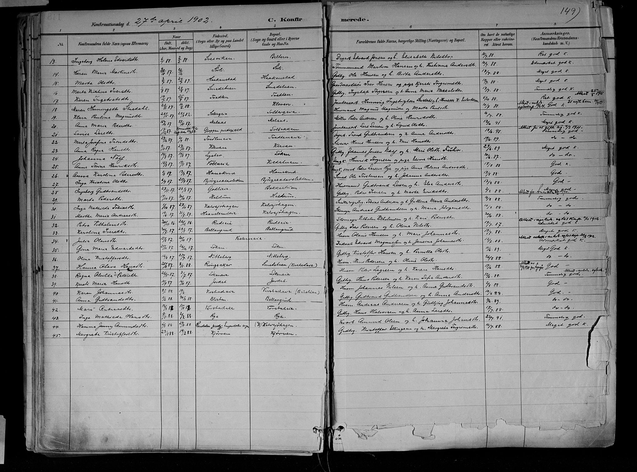 Jevnaker prestekontor, AV/SAH-PREST-116/H/Ha/Haa/L0010: Parish register (official) no. 10, 1891-1906, p. 149