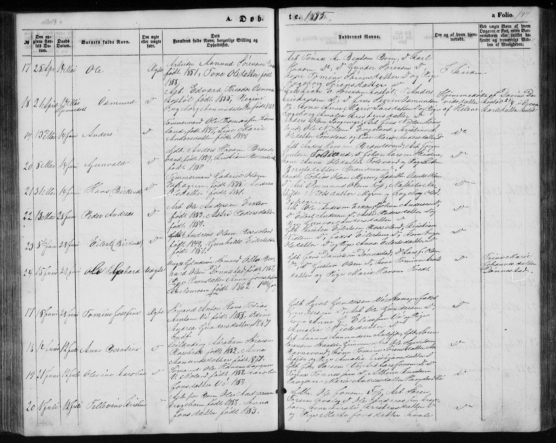 Tveit sokneprestkontor, AV/SAK-1111-0043/F/Fb/L0003: Parish register (copy) no. B 3, 1854-1886, p. 147