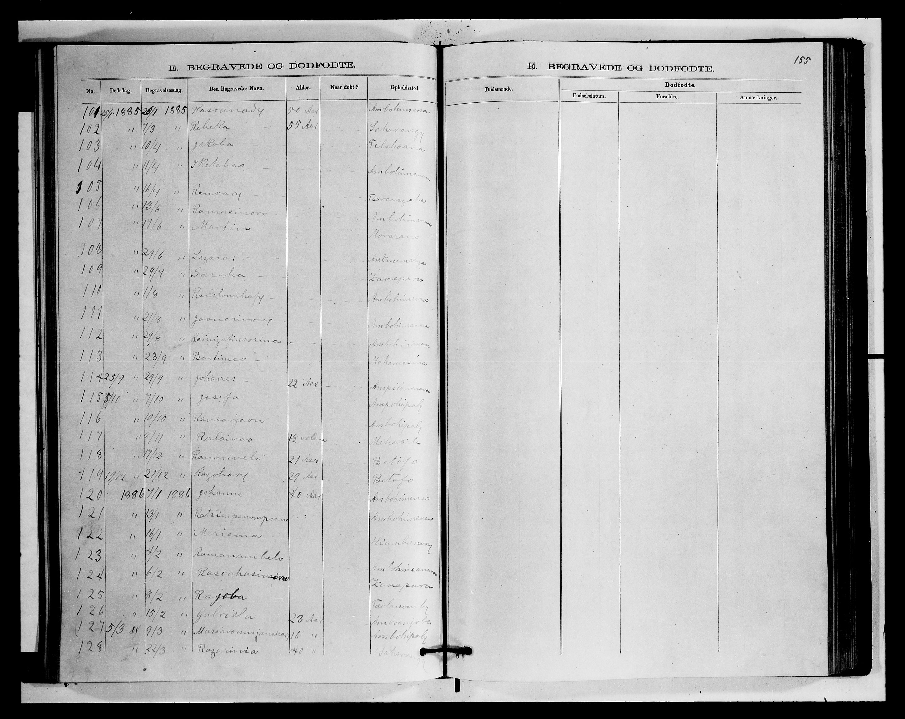 Archives FLM/NMS, Madagaskar, VID/MA-A-1163/D/Db/L0270: Parish register (official) no. 2, 1883-1886, p. 155