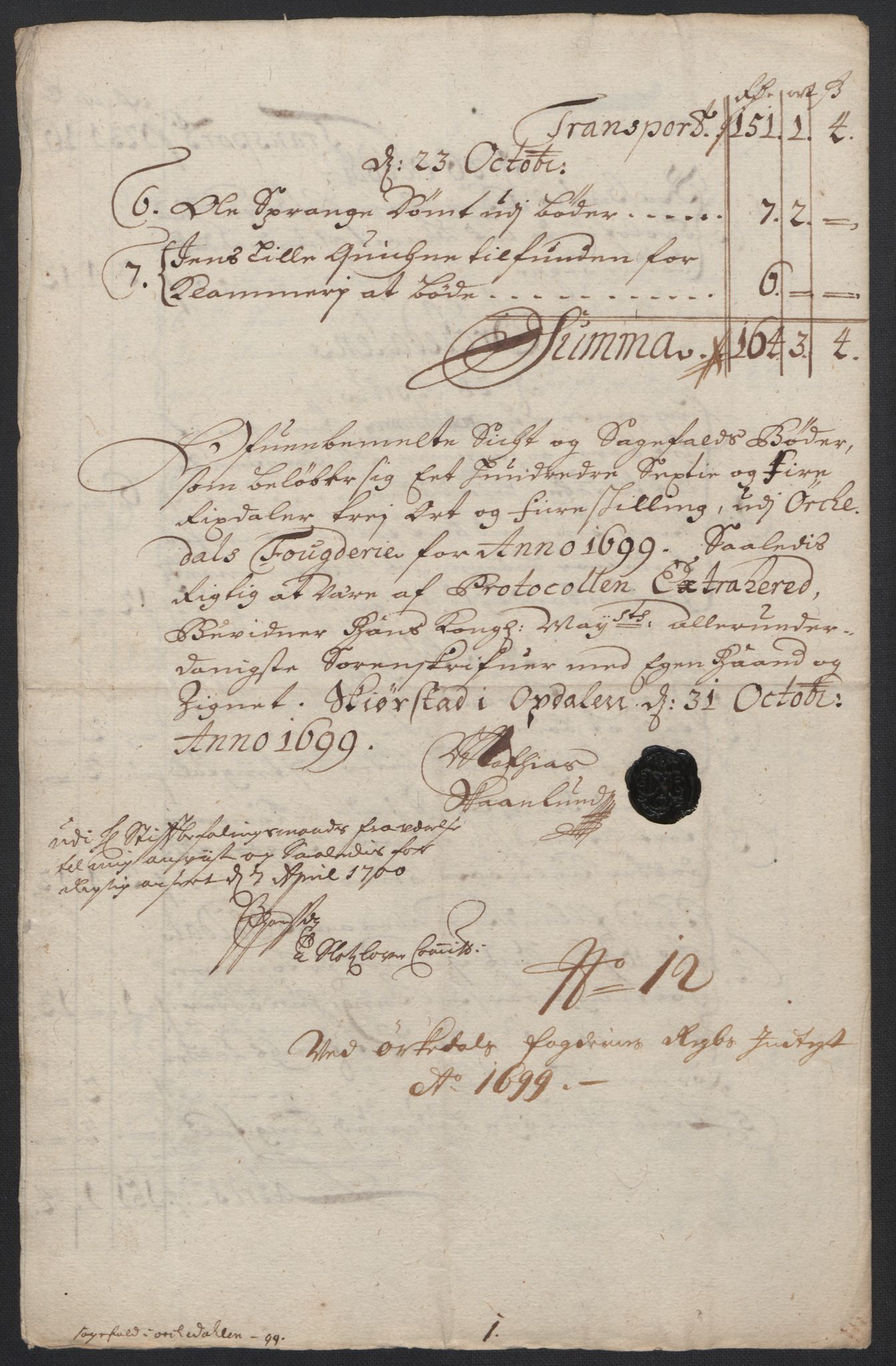 Rentekammeret inntil 1814, Reviderte regnskaper, Fogderegnskap, RA/EA-4092/R60/L3949: Fogderegnskap Orkdal og Gauldal, 1699, p. 160