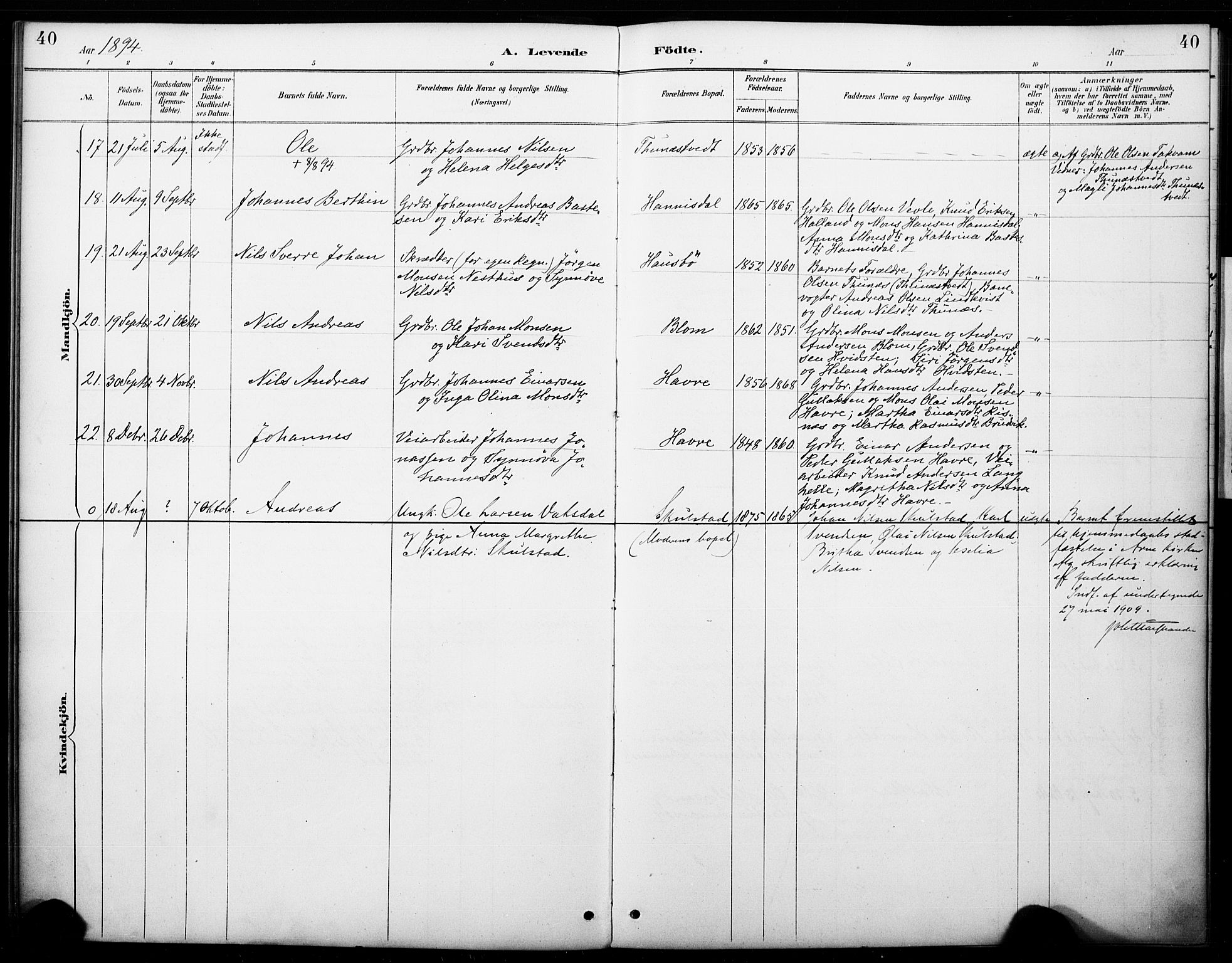 Haus sokneprestembete, AV/SAB-A-75601/H/Haa: Parish register (official) no. B 1, 1887-1898, p. 40