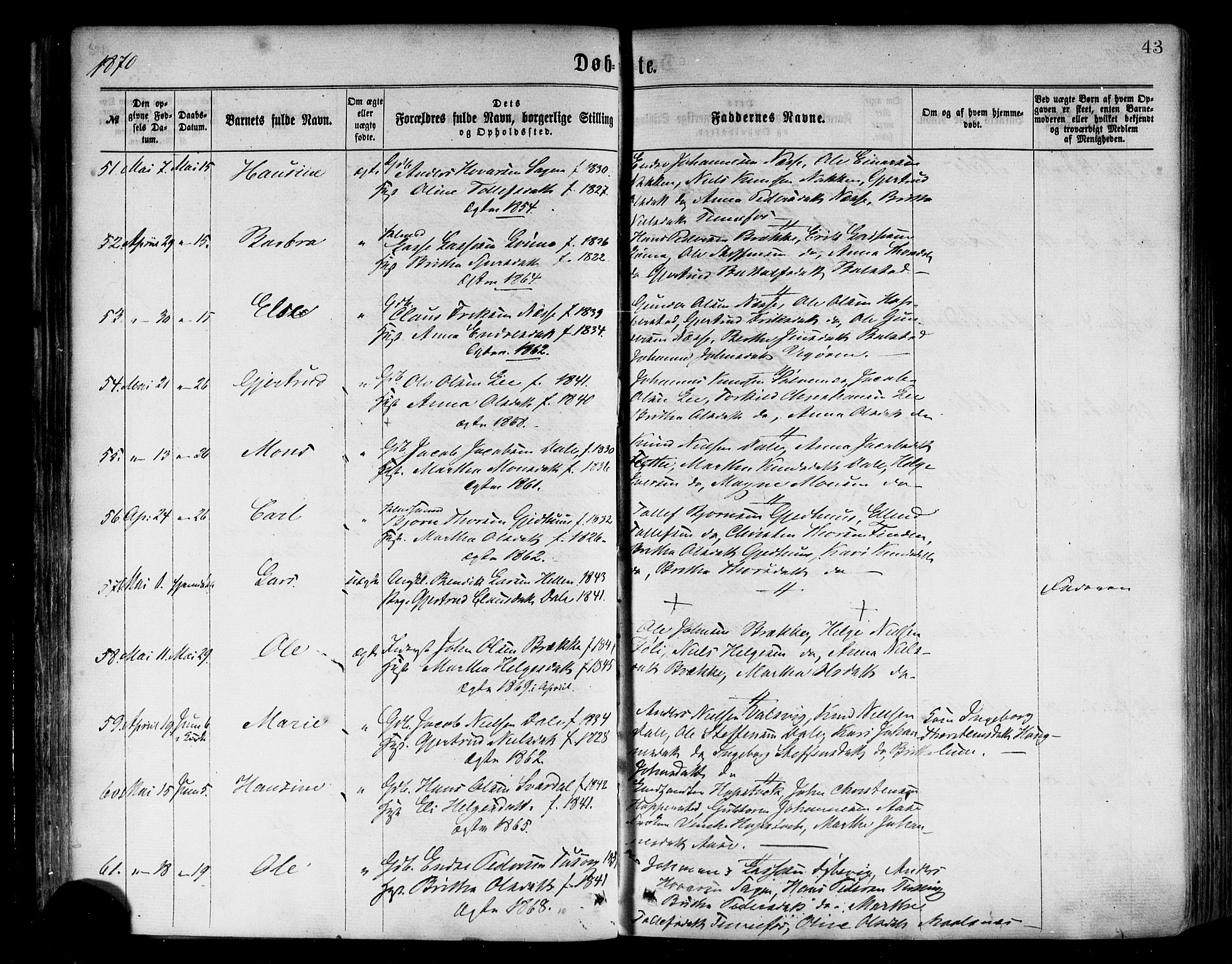 Vik sokneprestembete, AV/SAB-A-81501/H/Haa/Haaa/L0009: Parish register (official) no. A 9, 1866-1877, p. 43