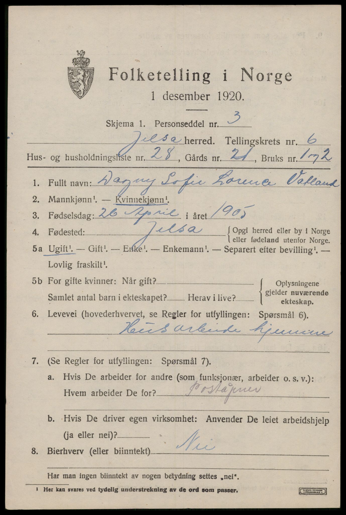 SAST, 1920 census for Jelsa, 1920, p. 1886