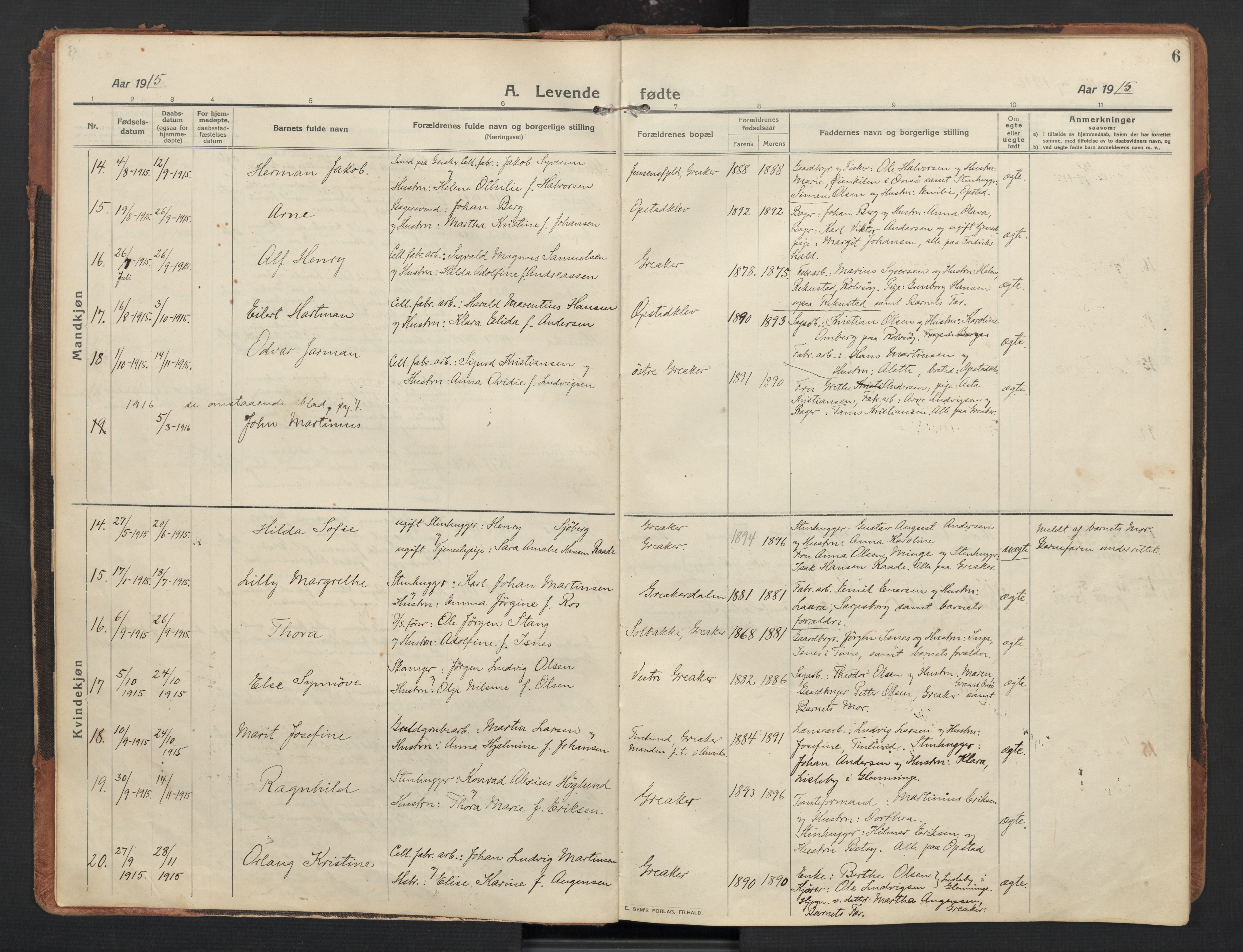 Tune prestekontor Kirkebøker, AV/SAO-A-2007/F/Fb/L0001: Curate's parish register no. 1, 1915-1923, p. 6