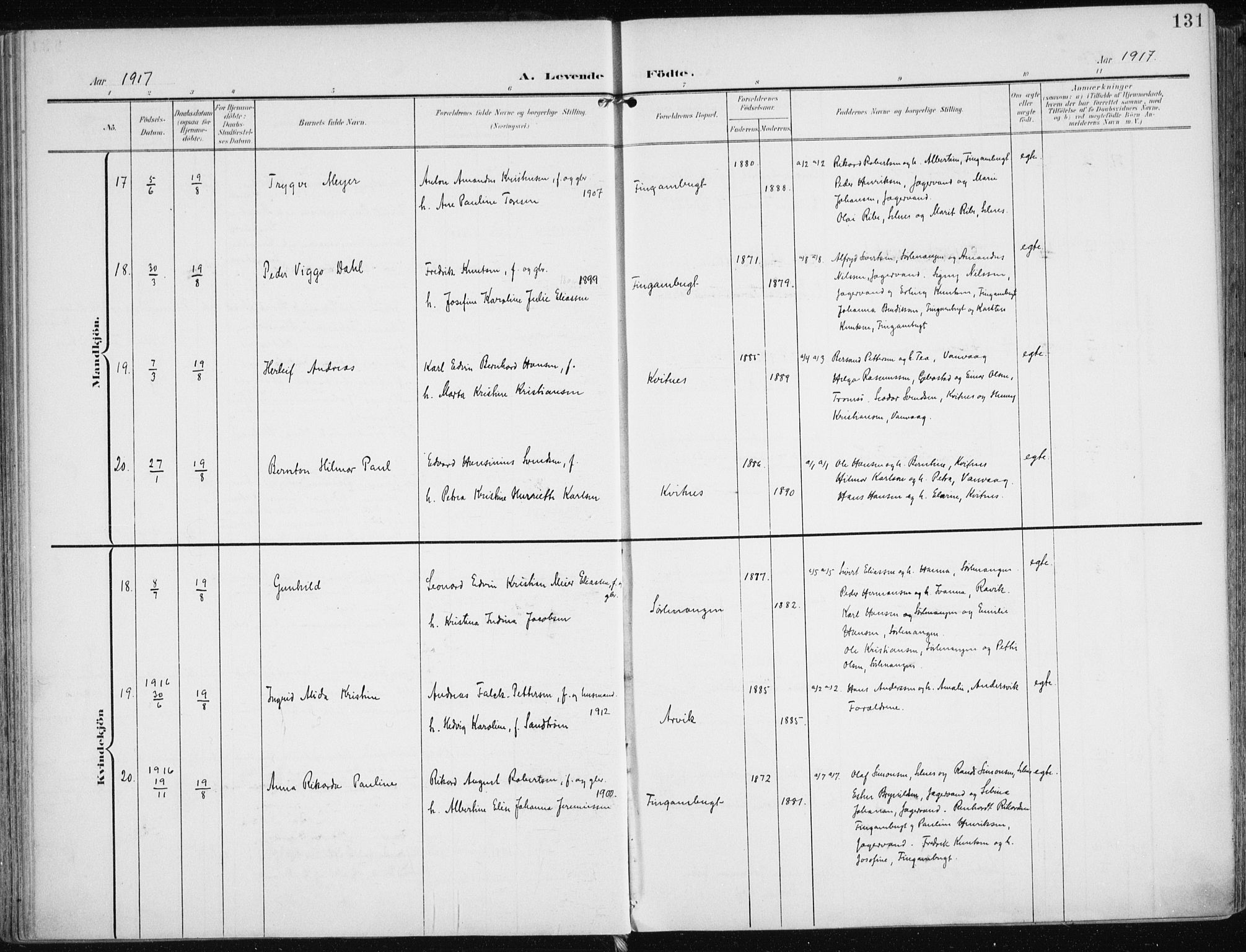 Karlsøy sokneprestembete, AV/SATØ-S-1299/H/Ha/Haa/L0014kirke: Parish register (official) no. 14, 1903-1917, p. 131