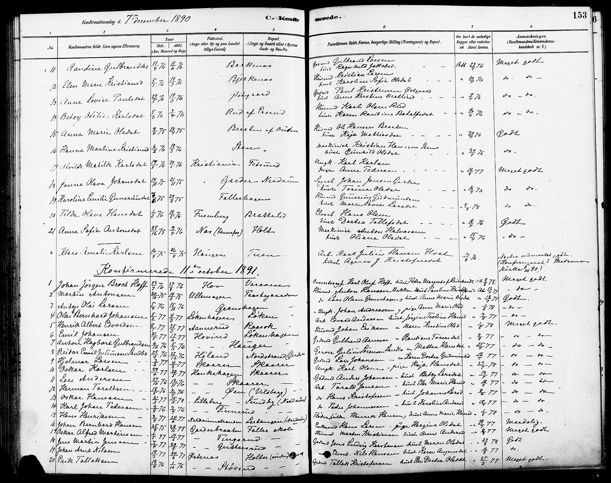 Fet prestekontor Kirkebøker, SAO/A-10370a/F/Fa/L0014: Parish register (official) no. I 14, 1878-1891, p. 153