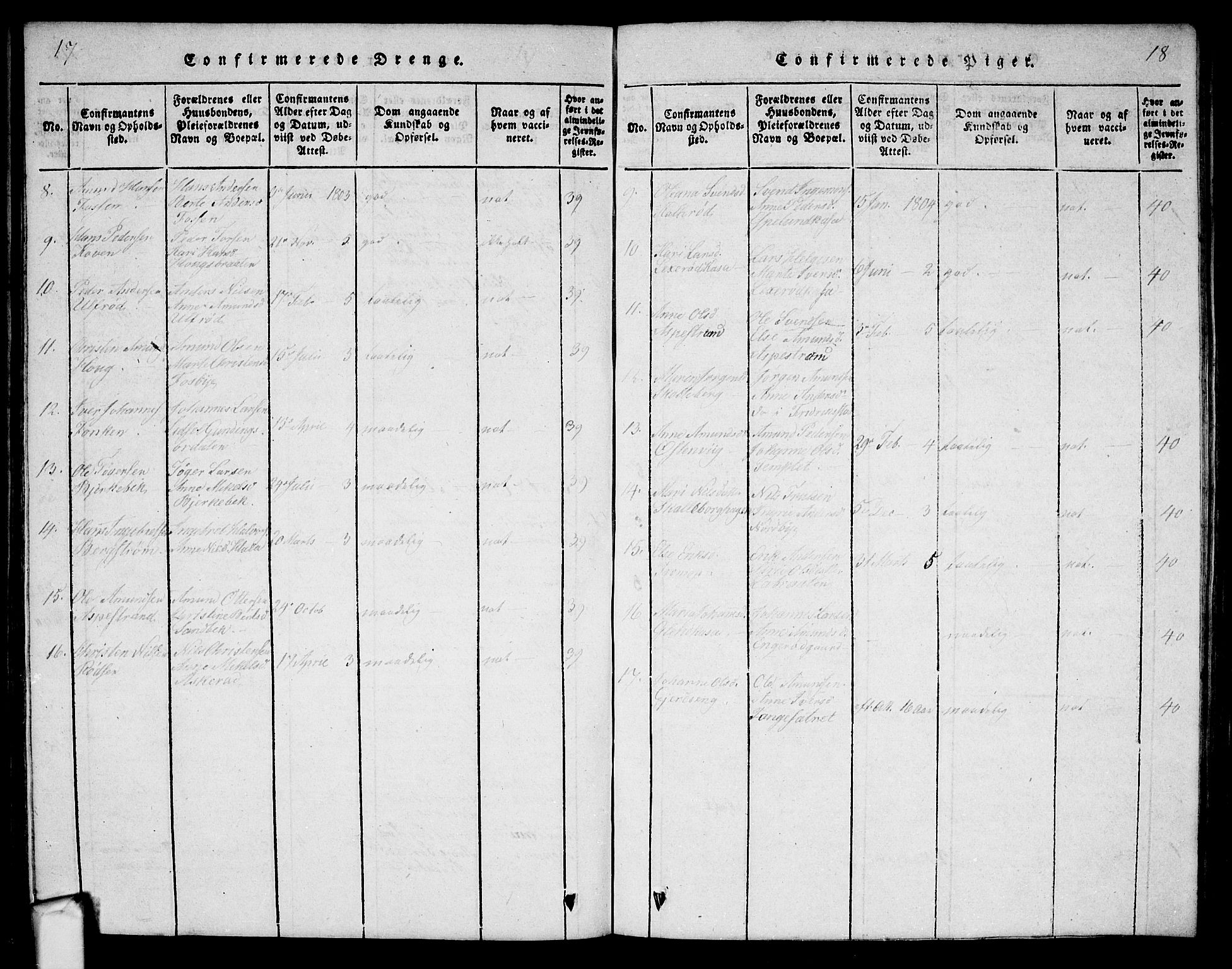 Aremark prestekontor Kirkebøker, AV/SAO-A-10899/G/Ga/L0001: Parish register (copy) no.  I 1, 1814-1834, p. 17-18