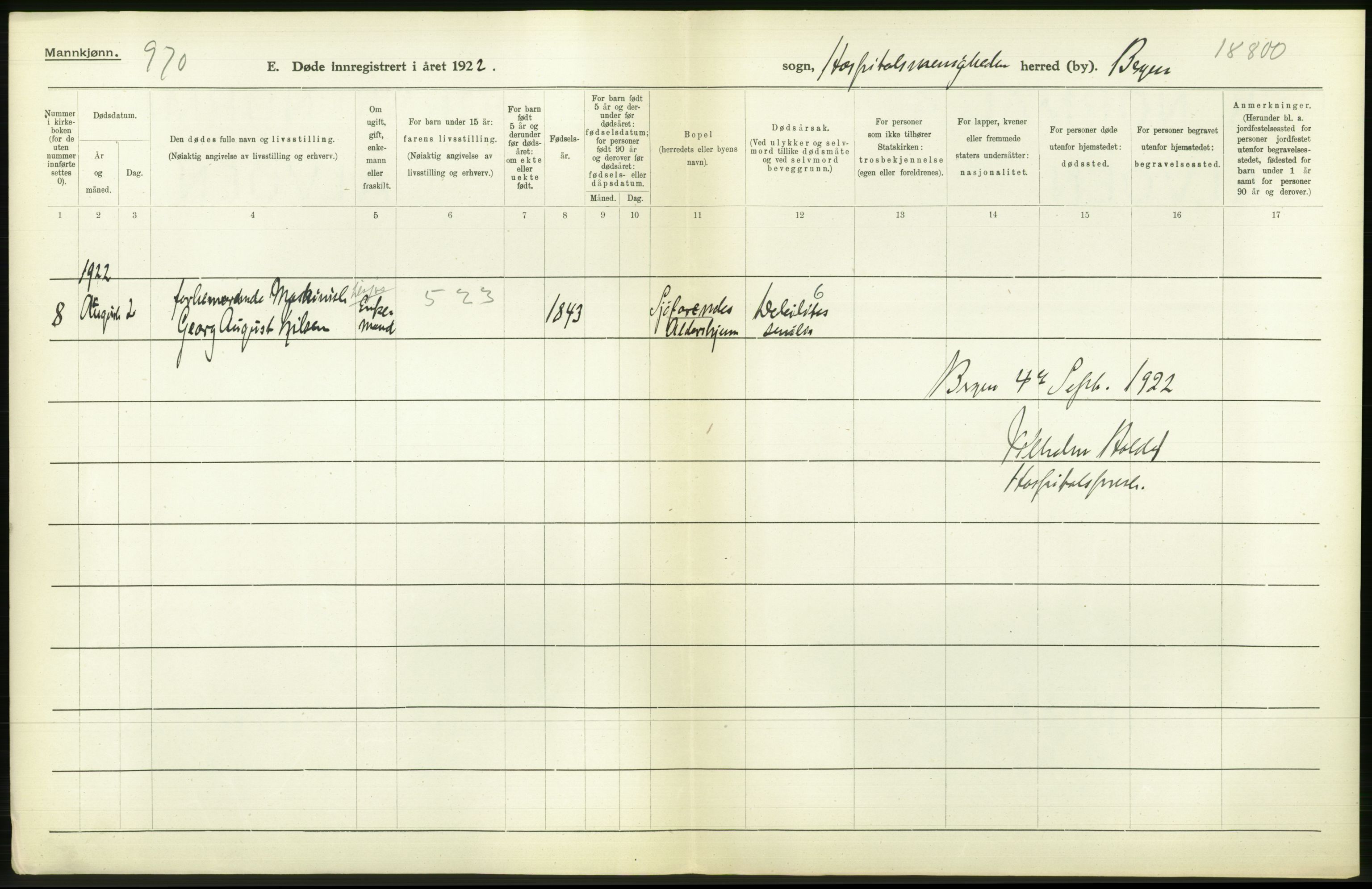 Statistisk sentralbyrå, Sosiodemografiske emner, Befolkning, AV/RA-S-2228/D/Df/Dfc/Dfcb/L0030: Bergen: Gifte, døde, dødfødte., 1922, p. 418