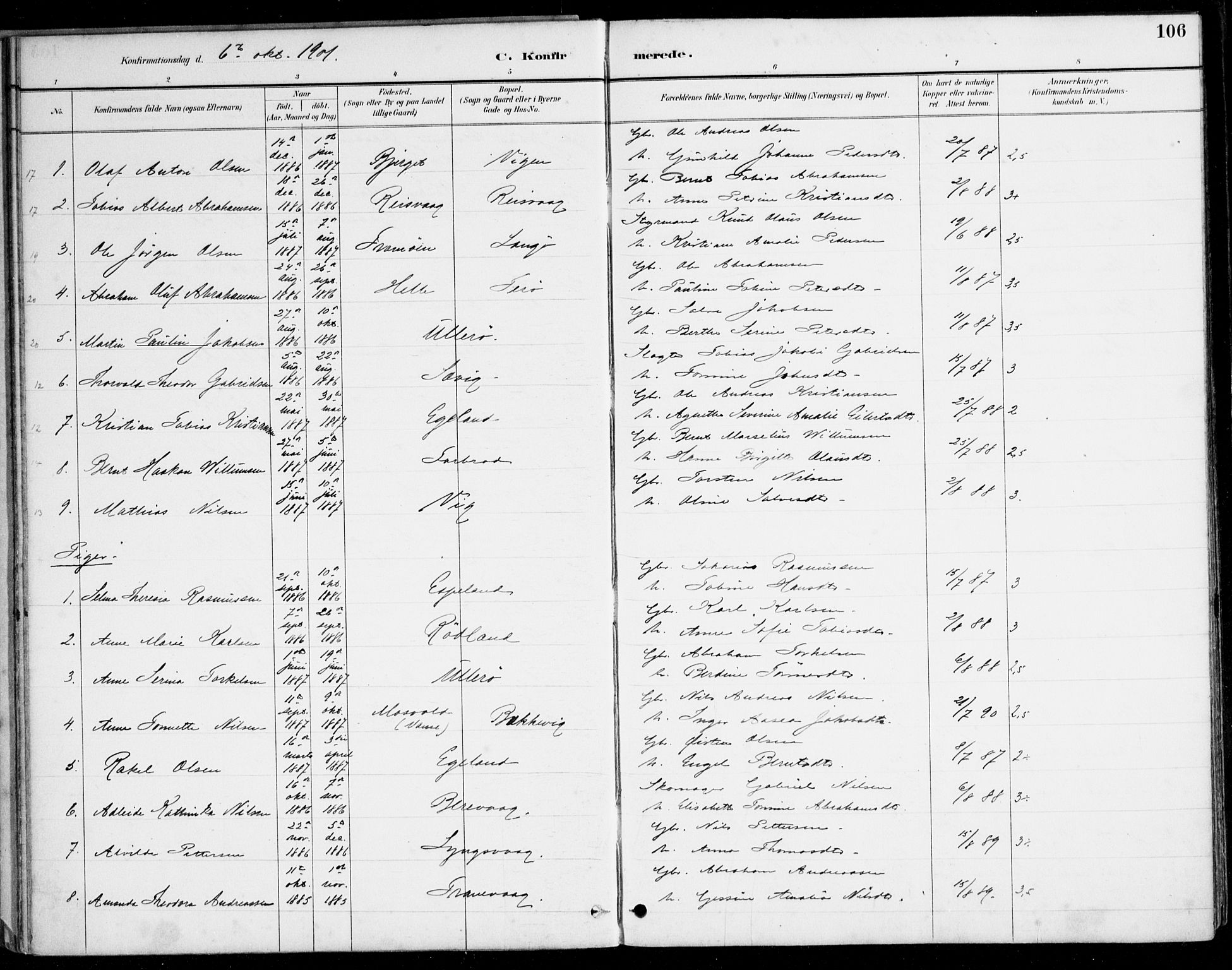 Herad sokneprestkontor, SAK/1111-0018/F/Fa/Fab/L0005: Parish register (official) no. A 5, 1886-1913, p. 106