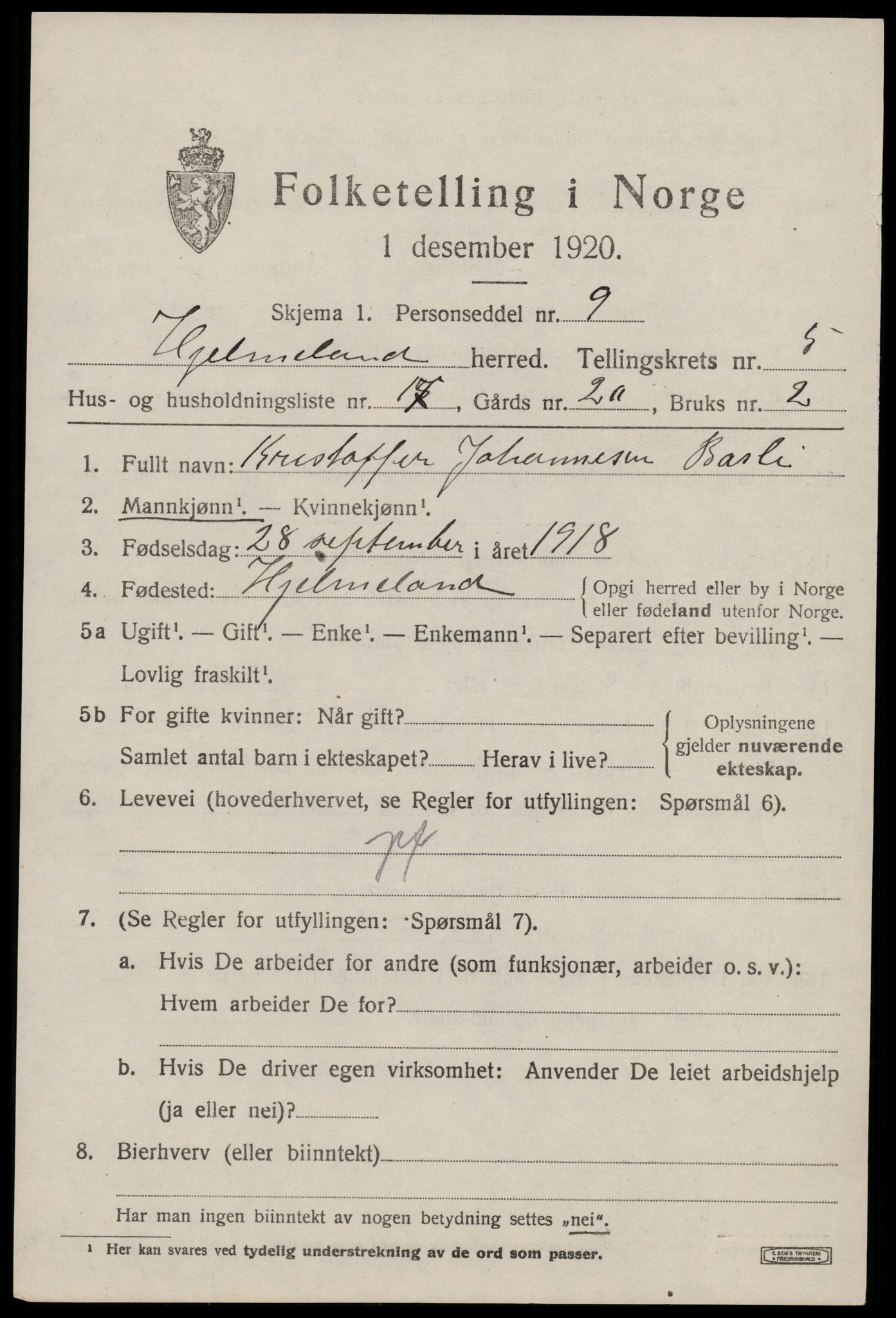 SAST, 1920 census for Hjelmeland, 1920, p. 2039