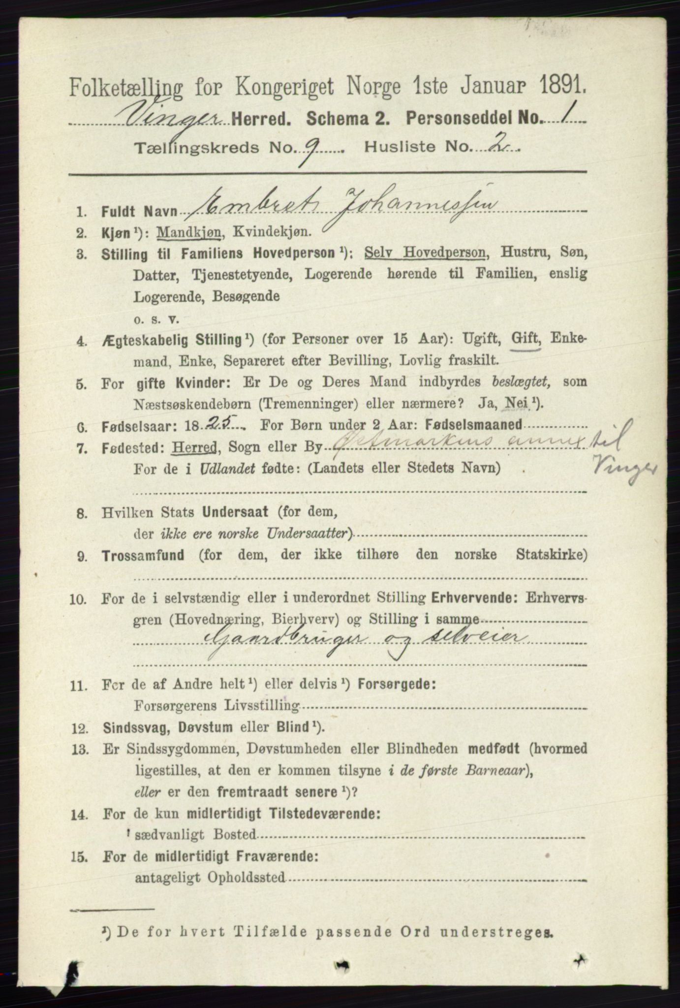 RA, 1891 census for 0421 Vinger, 1891, p. 4364