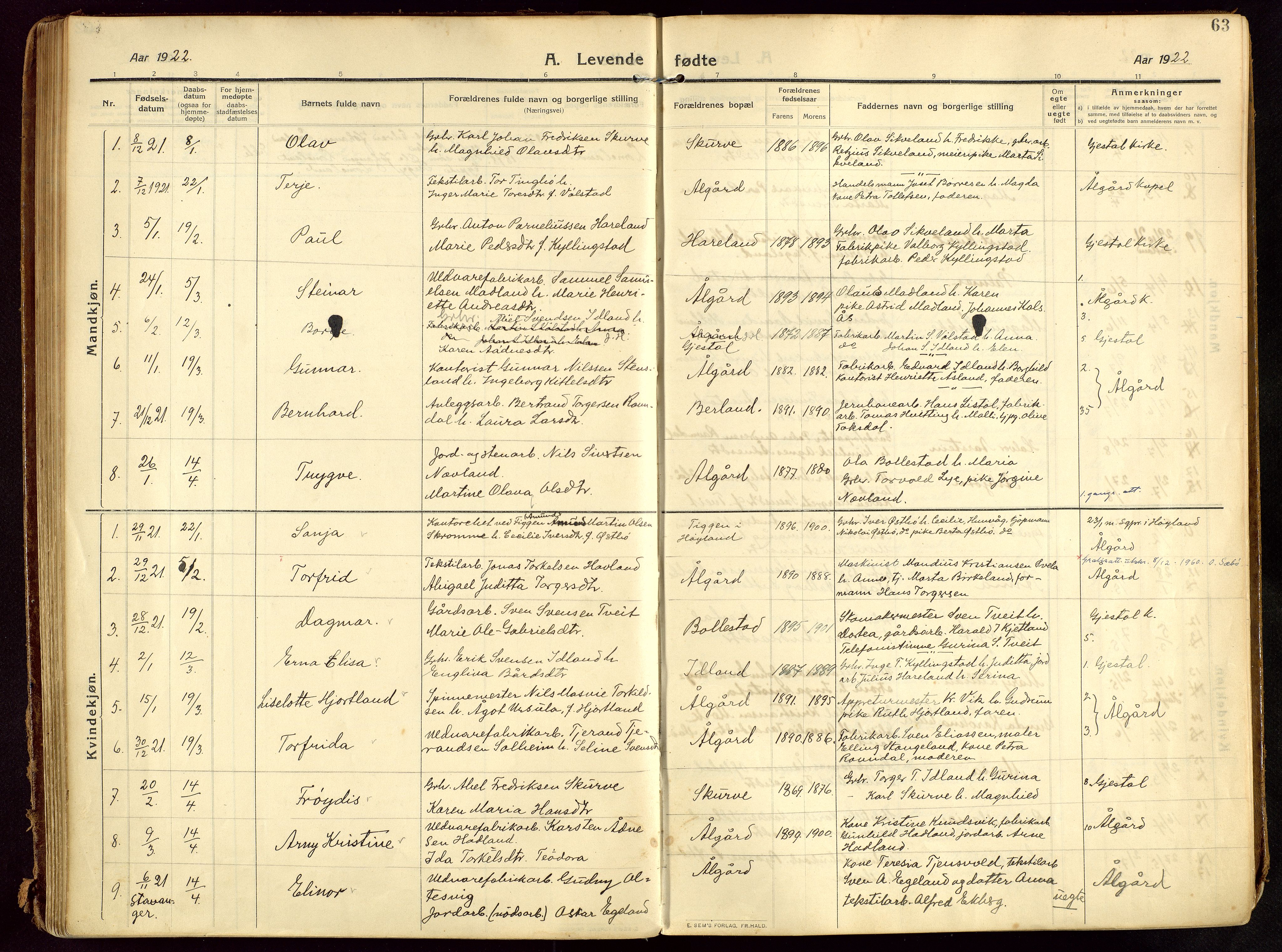 Lye sokneprestkontor, SAST/A-101794/002/B/L0001: Parish register (official) no. A 13, 1910-1925, p. 63