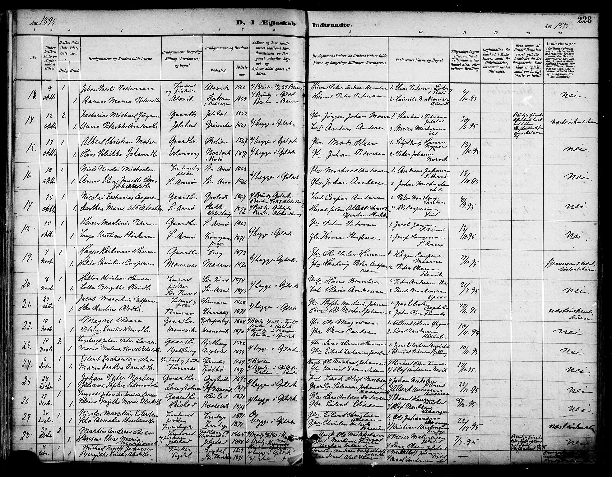 Ministerialprotokoller, klokkerbøker og fødselsregistre - Nordland, SAT/A-1459/805/L0101: Parish register (official) no. 805A07, 1892-1899, p. 223