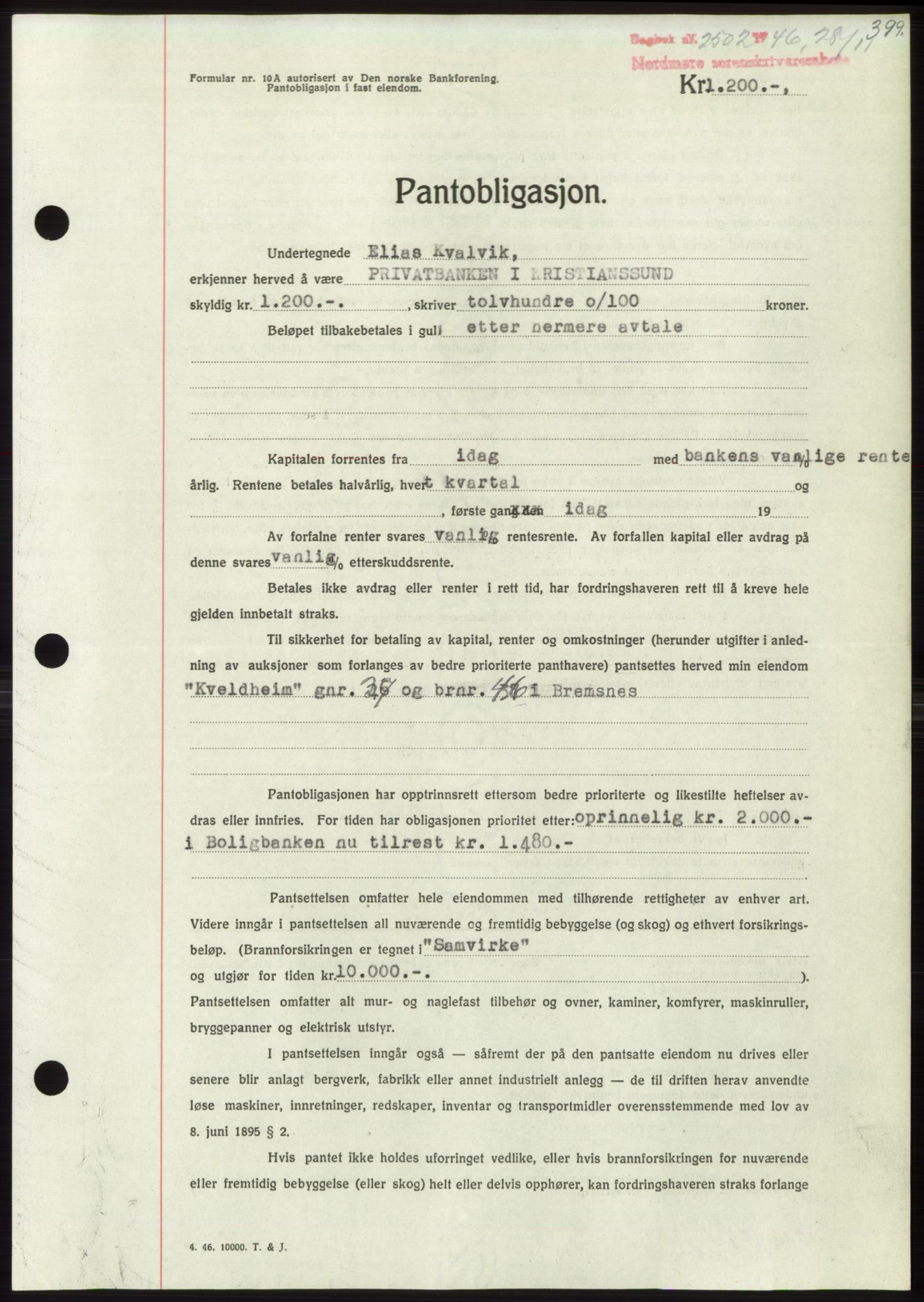 Nordmøre sorenskriveri, AV/SAT-A-4132/1/2/2Ca: Mortgage book no. B95, 1946-1947, Diary no: : 2502/1946