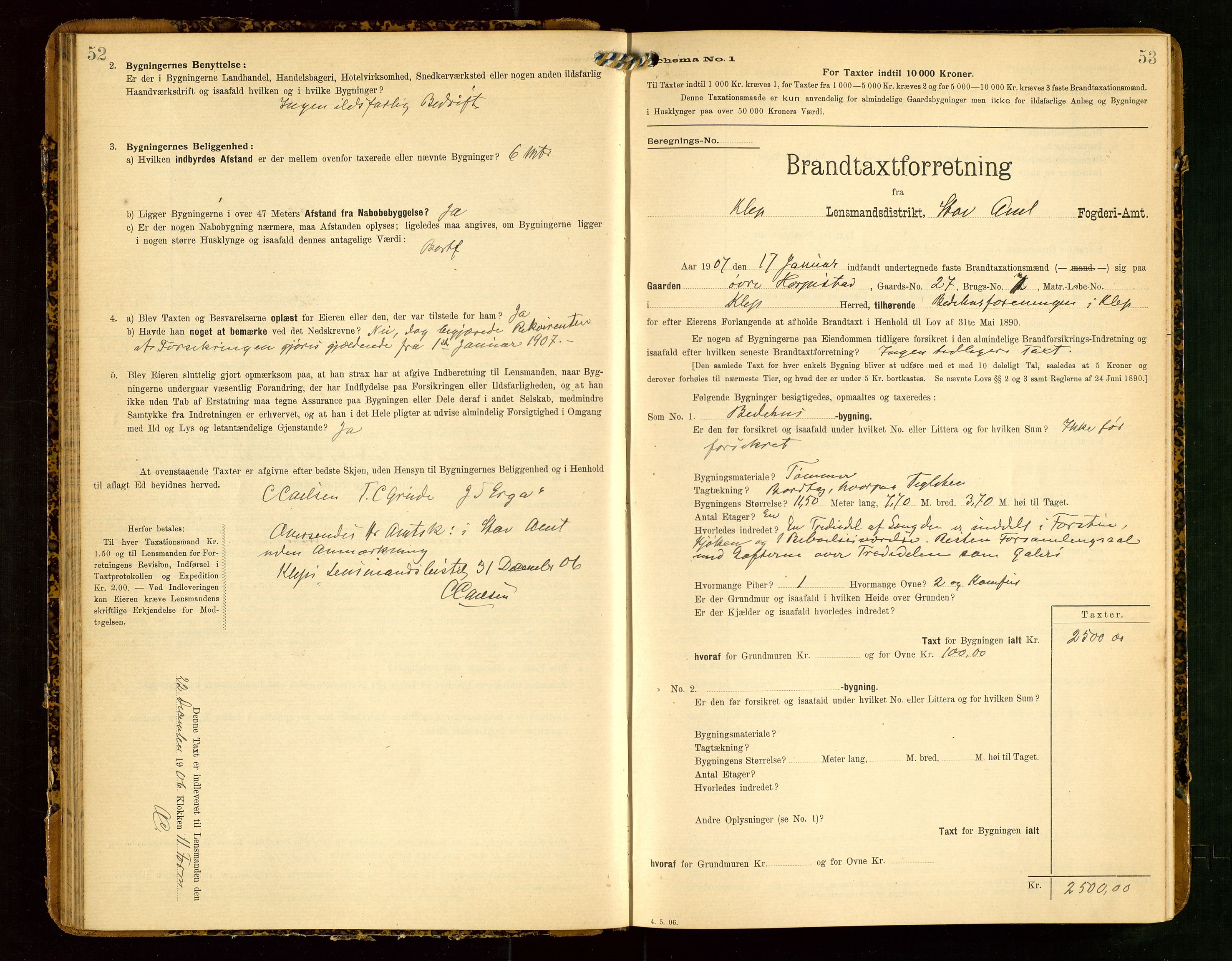 Klepp lensmannskontor, SAST/A-100163/Goc/L0004: "Brandtaxationsprotokol" m/register, 1906-1908, p. 52-53