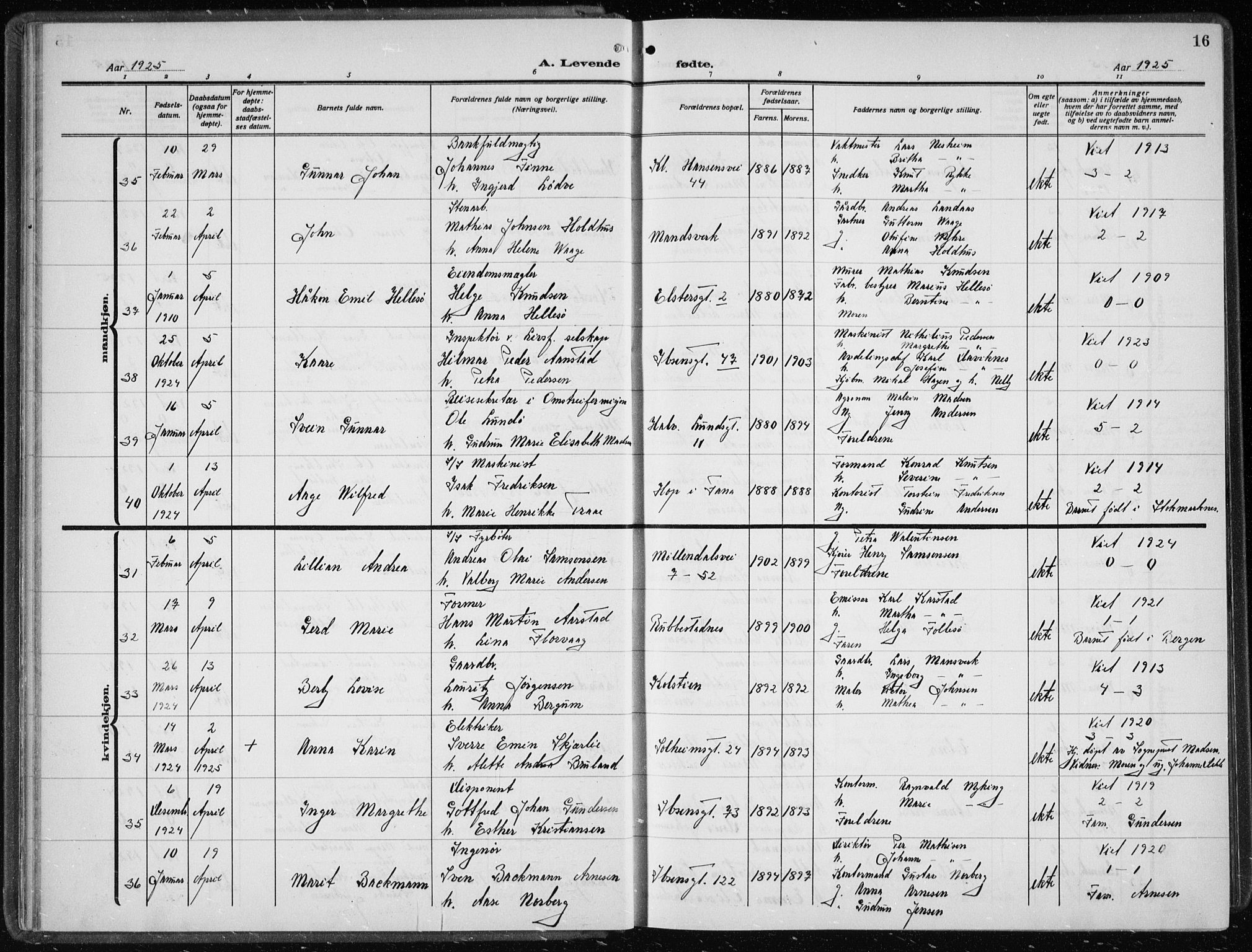 Årstad Sokneprestembete, AV/SAB-A-79301/H/Hab/L0005: Parish register (copy) no. A 5, 1924-1934, p. 16