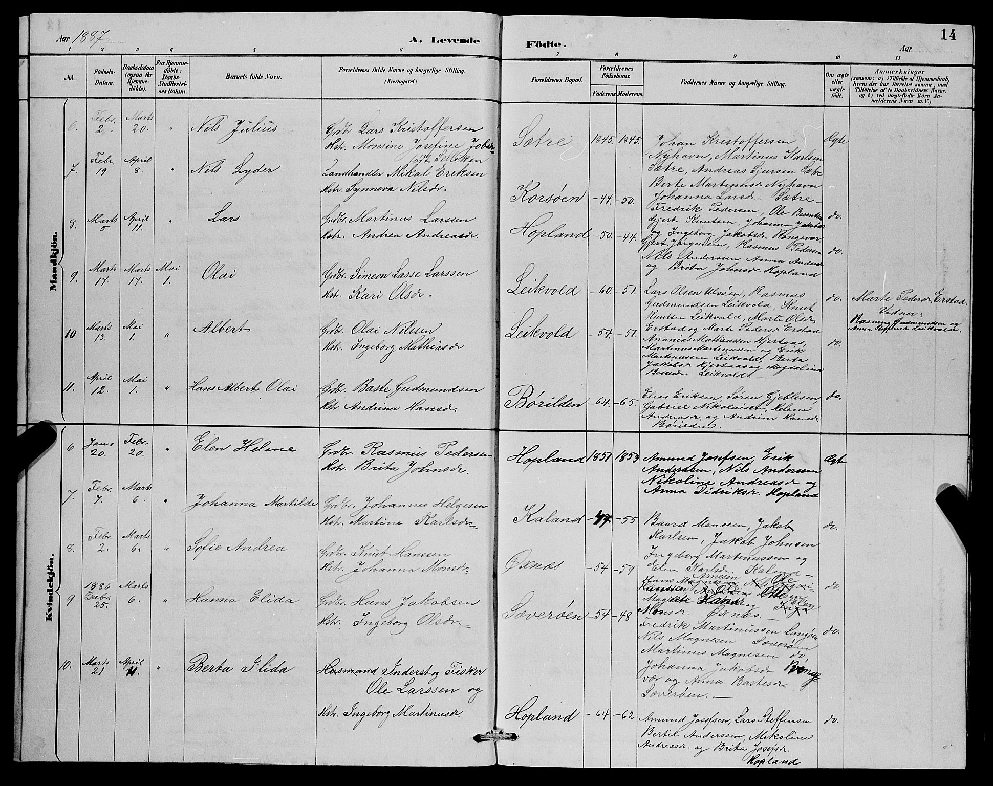Lindås Sokneprestembete, AV/SAB-A-76701/H/Hab/Habc/L0003: Parish register (copy) no. C 3, 1886-1893, p. 14