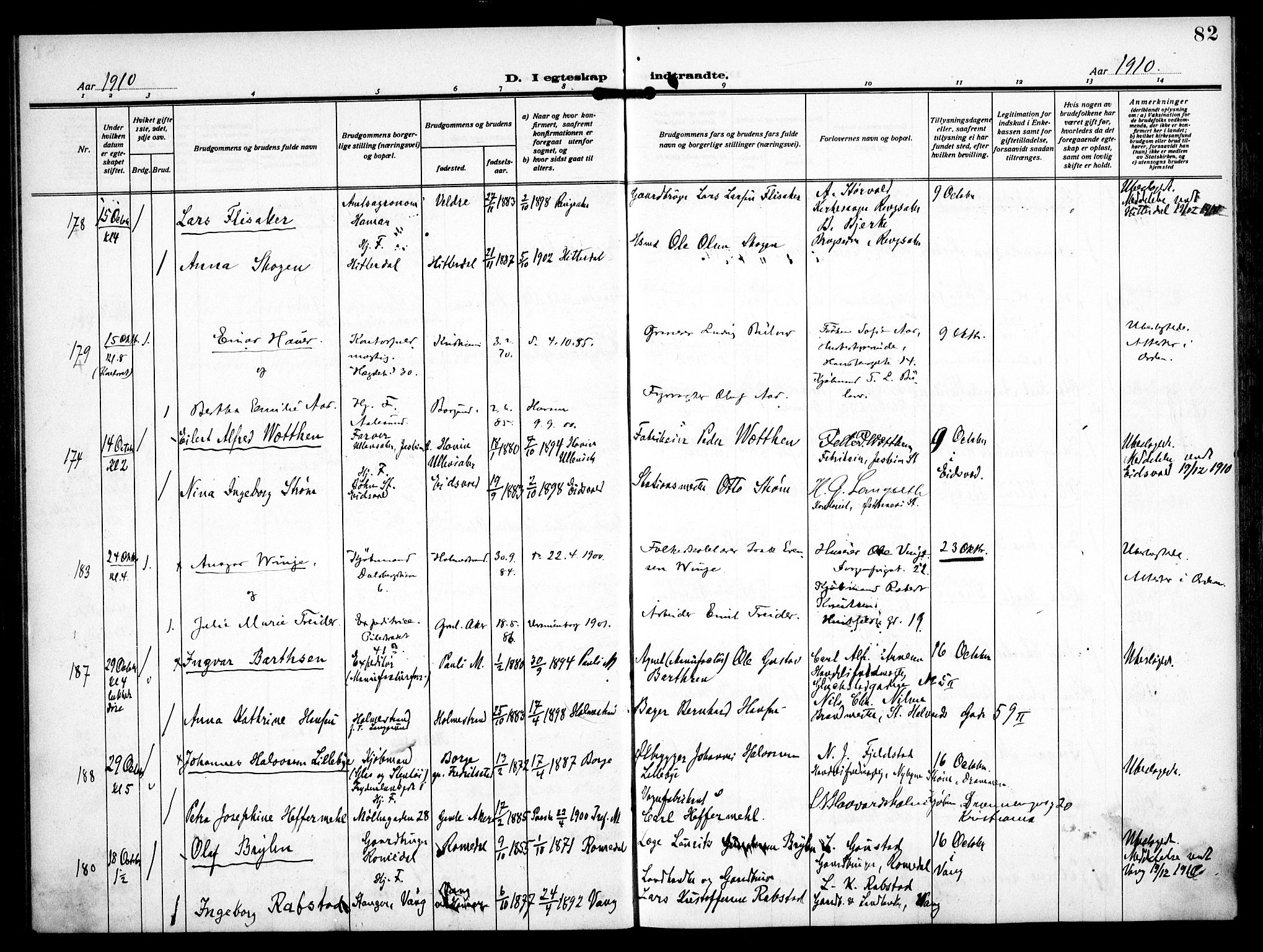 Trefoldighet prestekontor Kirkebøker, AV/SAO-A-10882/F/Fc/L0006: Parish register (official) no. III 6, 1908-1914, p. 82