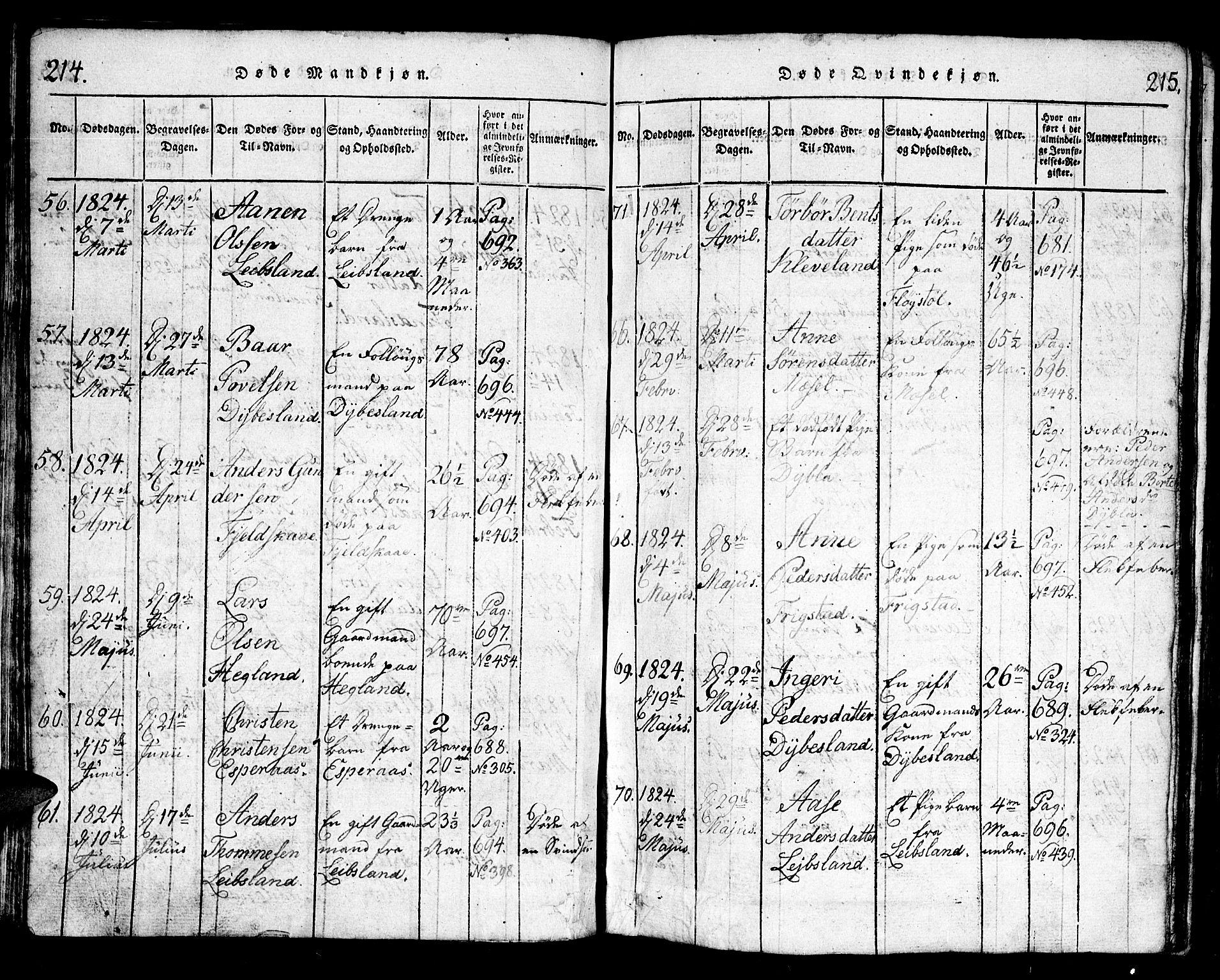Bjelland sokneprestkontor, SAK/1111-0005/F/Fb/Fbb/L0003: Parish register (copy) no. B 3, 1816-1868, p. 214-215