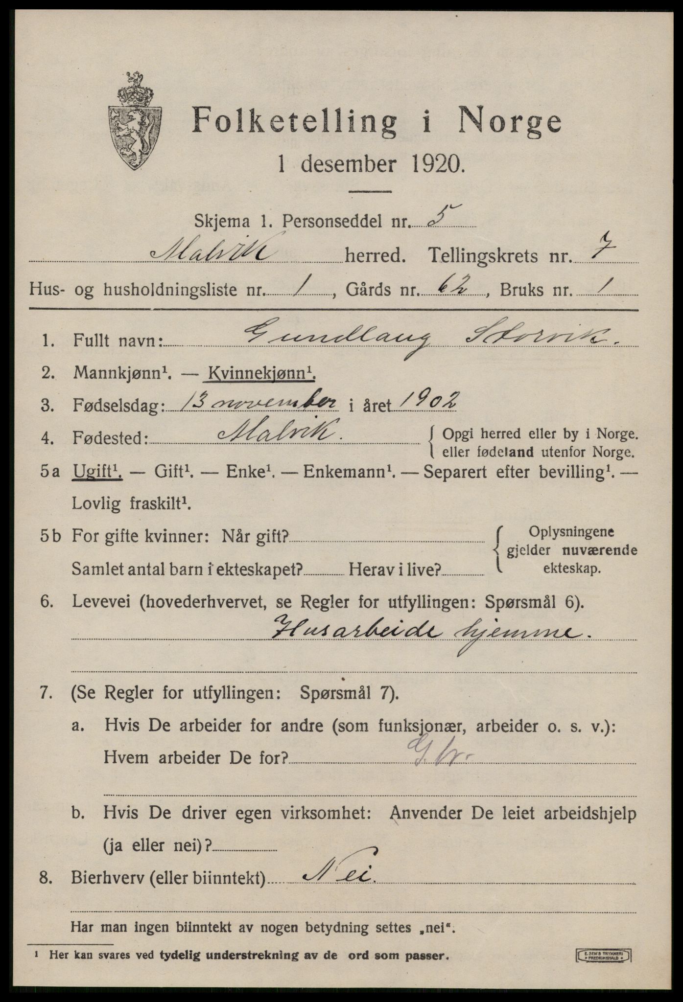 SAT, 1920 census for Malvik, 1920, p. 7224