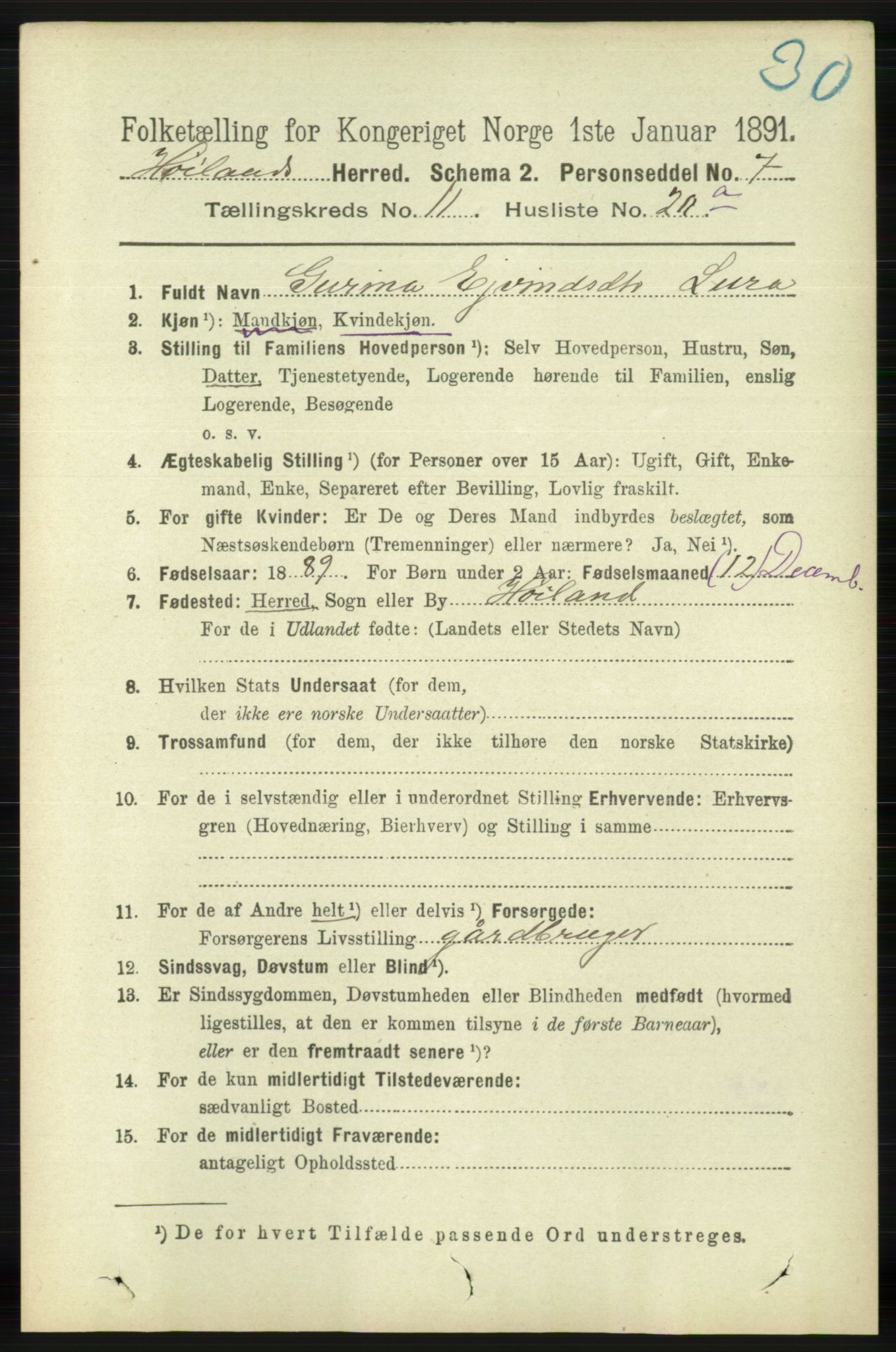 RA, 1891 census for 1123 Høyland, 1891, p. 4595