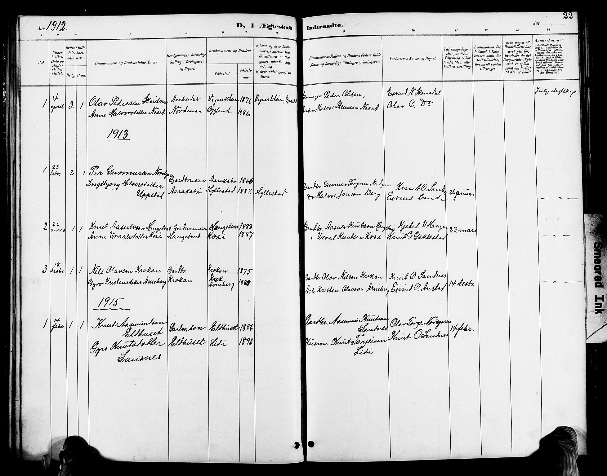 Bygland sokneprestkontor, SAK/1111-0006/F/Fb/Fbc/L0002: Parish register (copy) no. B 2, 1895-1916, p. 22